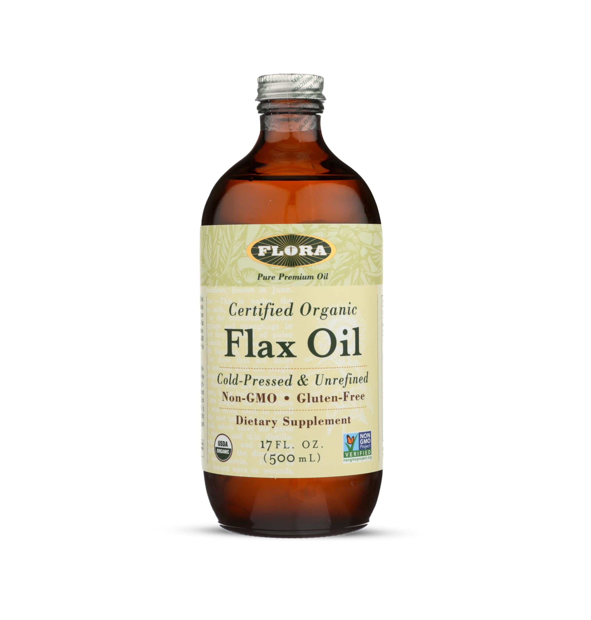 Flora botella frontal mostrando aceite de linaza orgánico y beneficio de frescura