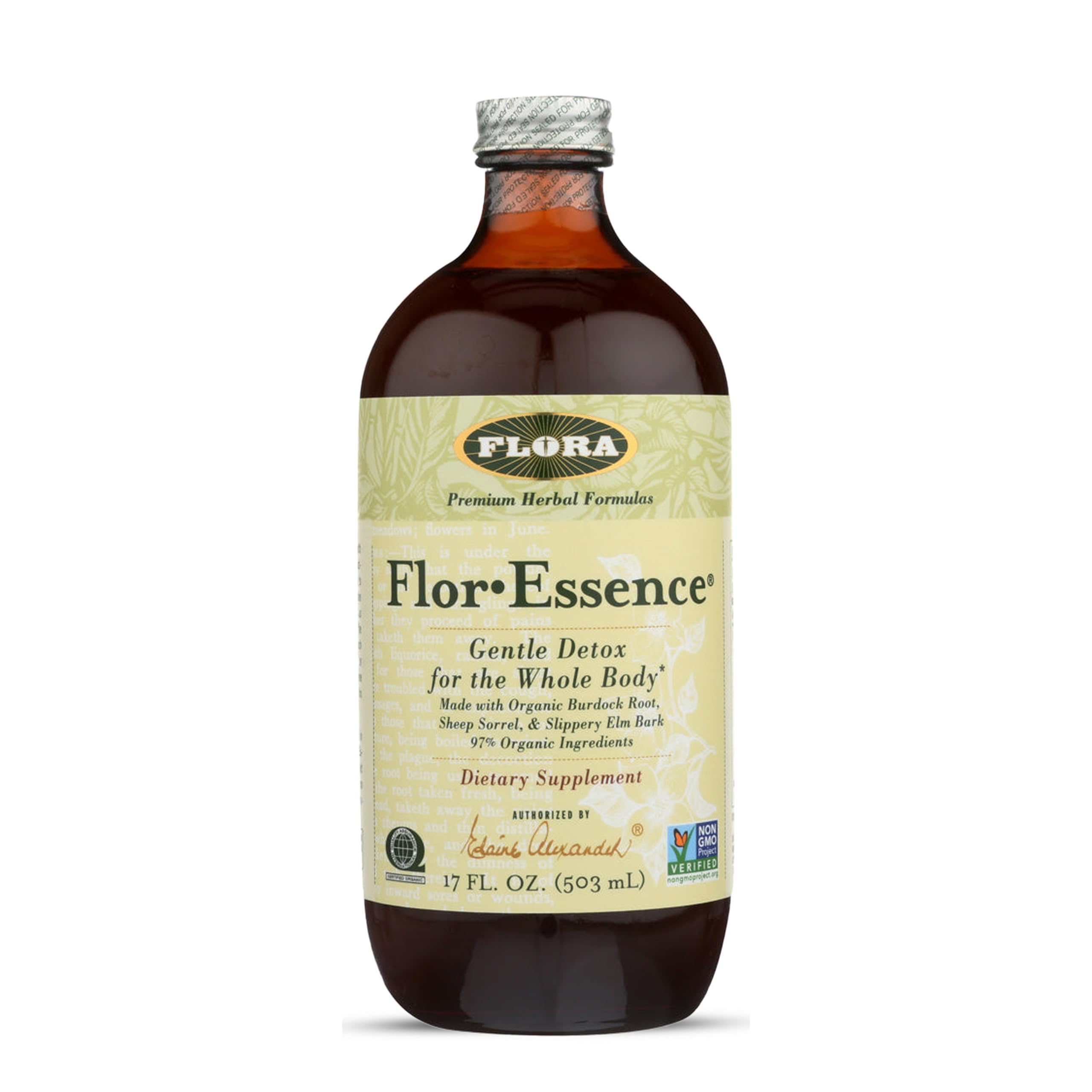 Flora Flor‑Essence vista frontal con botella y etiqueta clara, muestra conveniencia
