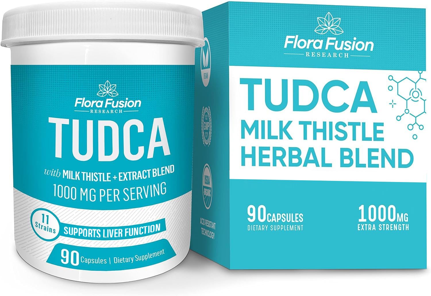 Flora Fusion frasco frontal mostrando la etiqueta y beneficio de apoyo hepático