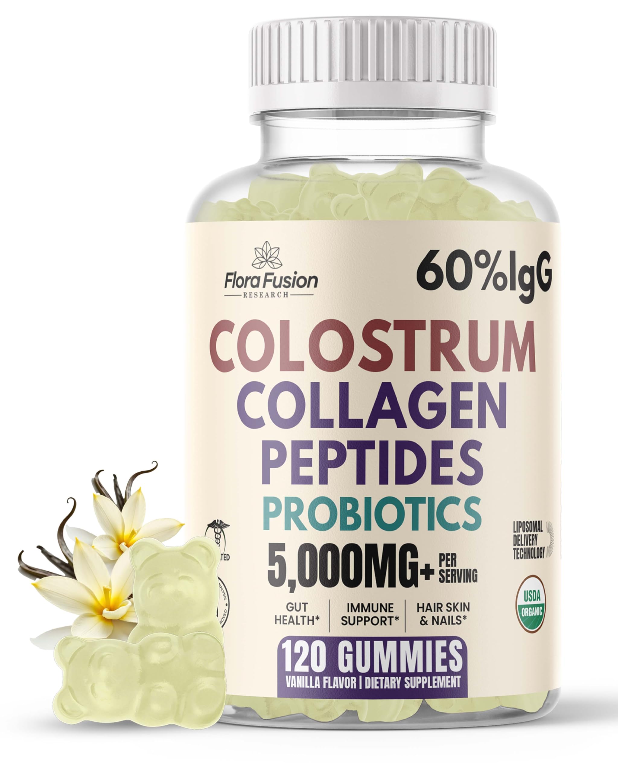 Flora Fusion Research frasco frontal de gomitas vainilla para rutina diaria