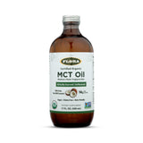 Flora botella frontal de MCT Oil en vidrio mostrando el envase y certificación orgánica