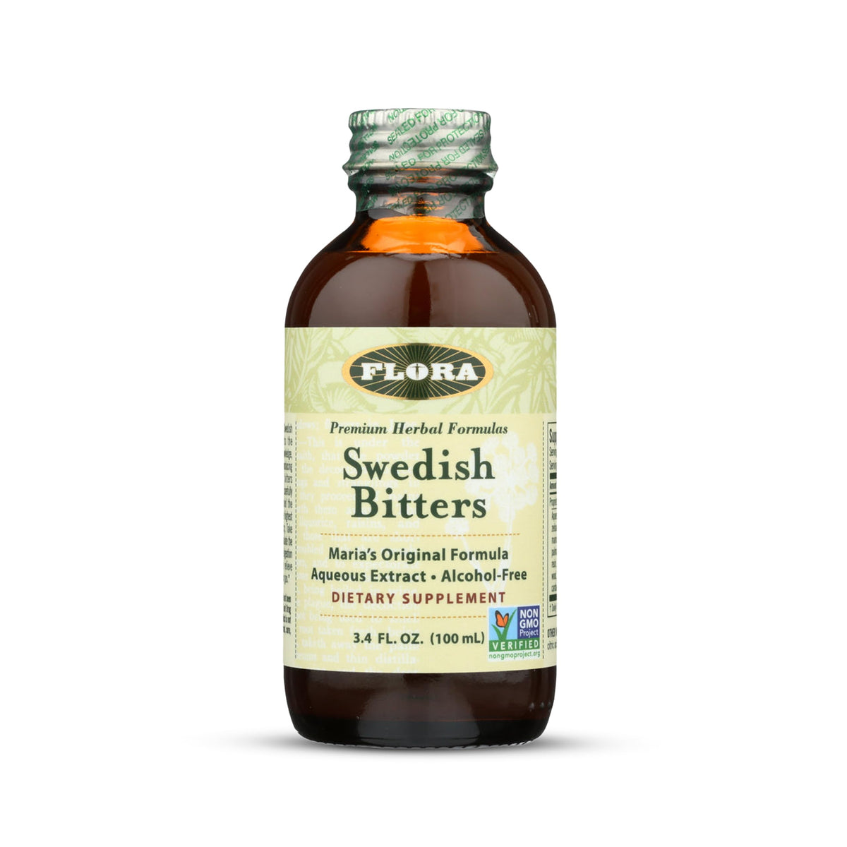 Flora Swedish Bitters vista frontal con botella ámbar y etiqueta clara, conserva sabor tradicional