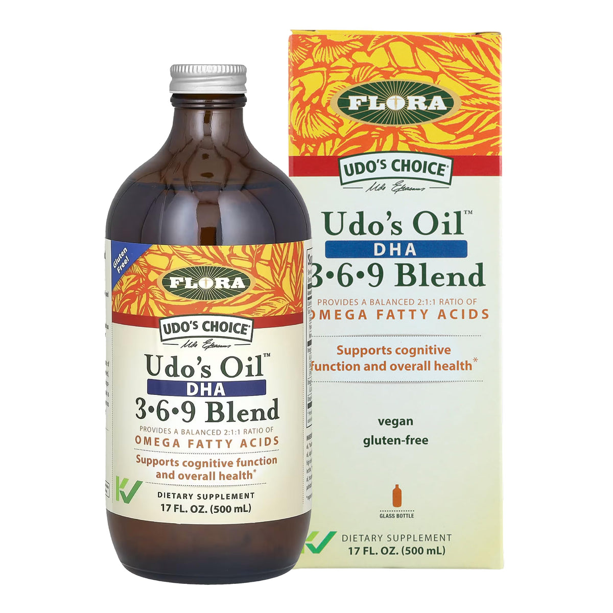 Flora Udo's Oil frontal en botella de vidrio mostrando presentación y autenticidad