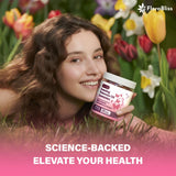 Representación de onagra, cohosh, vitex y jengibre junto al envase FloraBliss