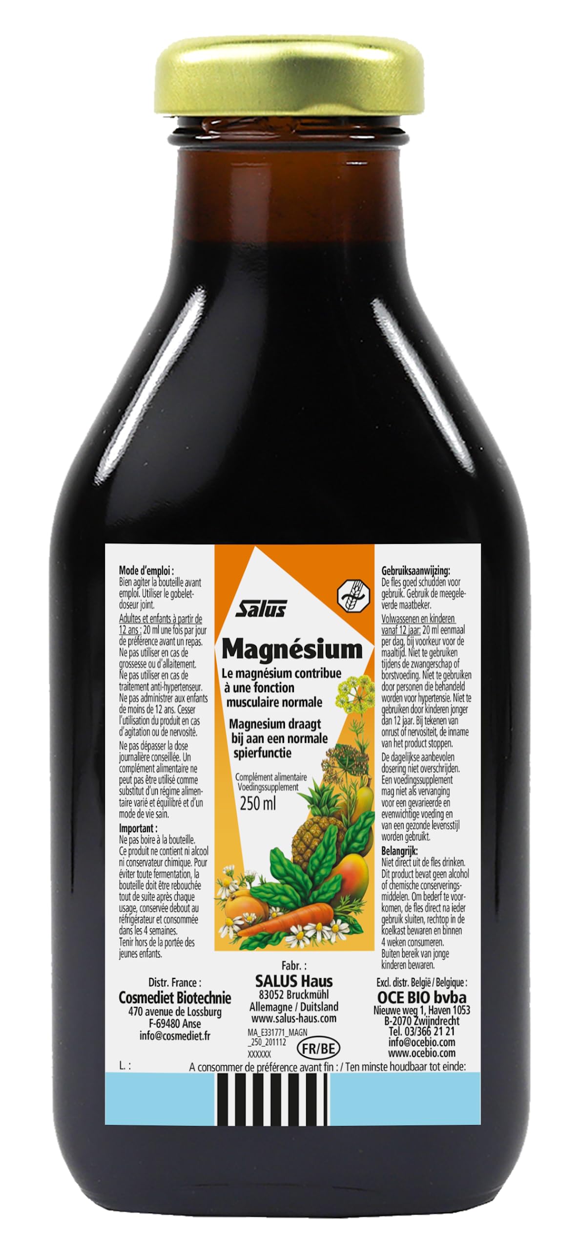 Floradix botella junto a piña y mango ilustrando sabor natural y agradable