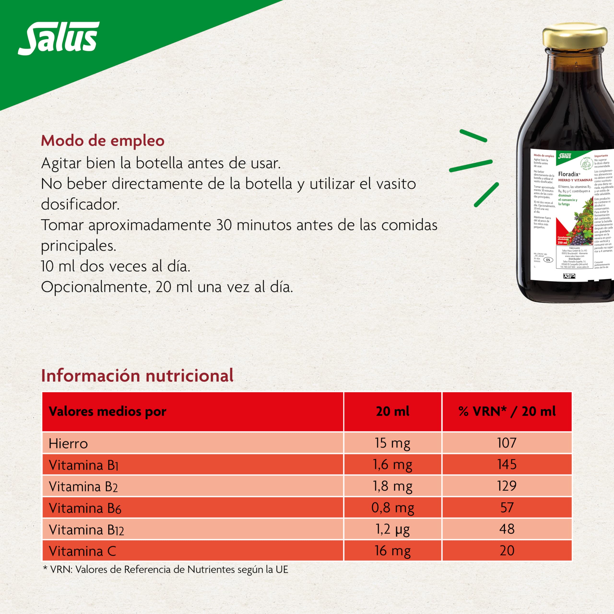 Floradix comparación de tamaño del frasco 250 ml junto a un vaso para escala