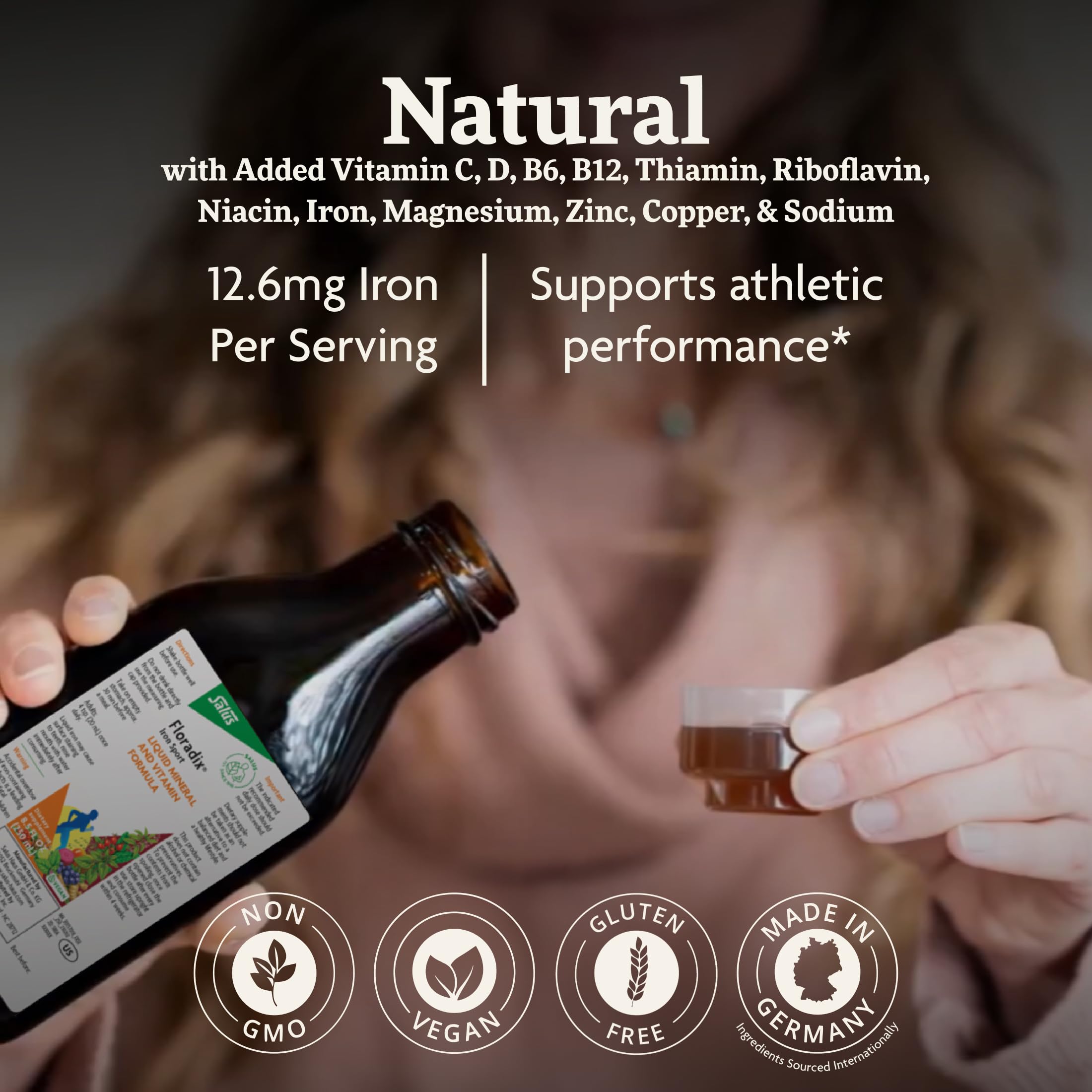 Etiqueta de Floradix con lista de nutrientes destacando hierro y vitaminas