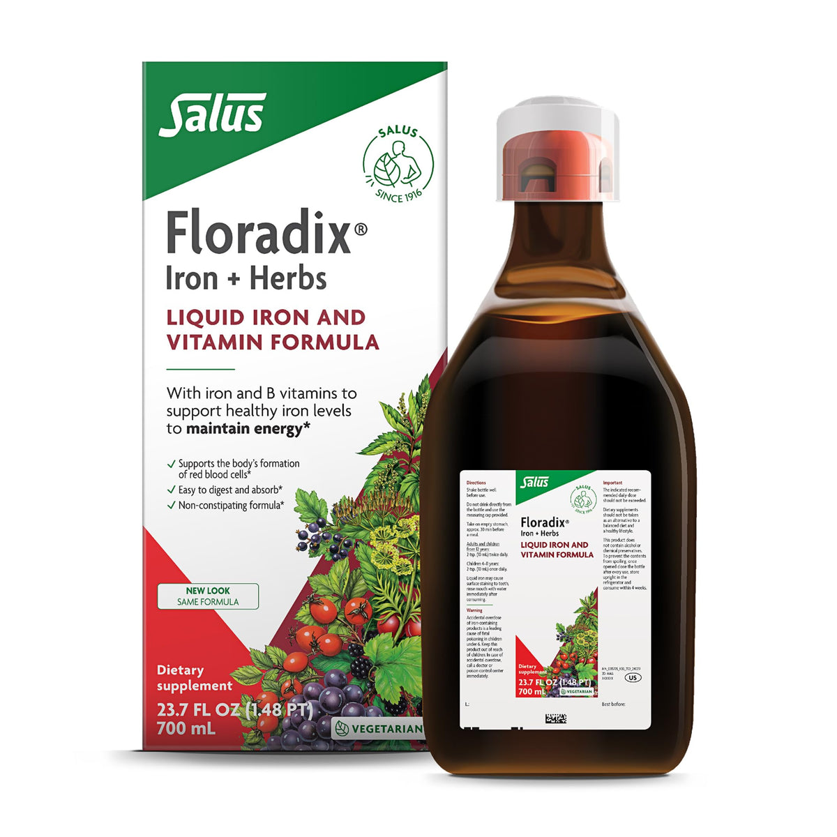 Floradix frasco frontal mostrando etiqueta clara y fácil dosificación