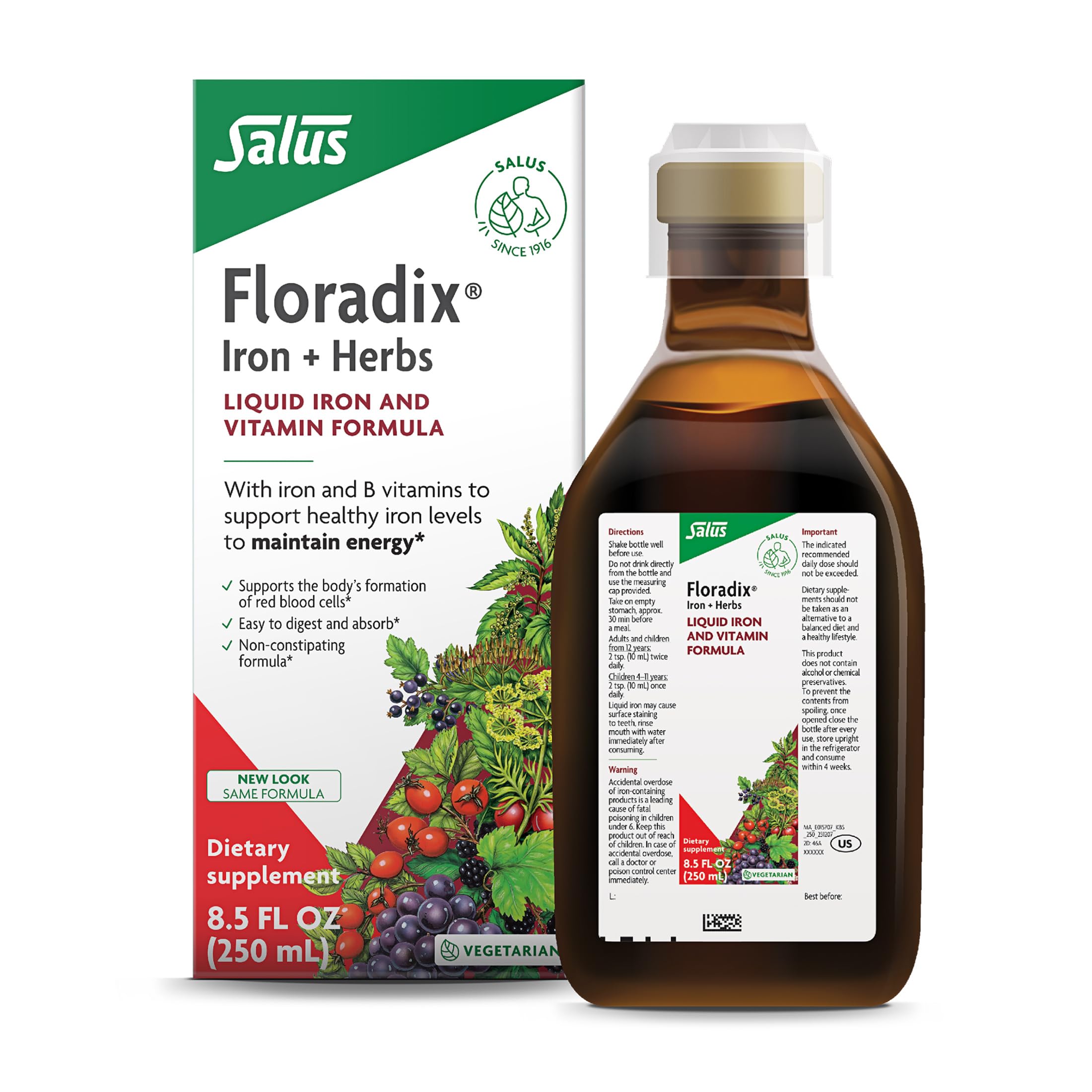 Floradix frente del envase mostrando la marca y beneficio de hierro suave
