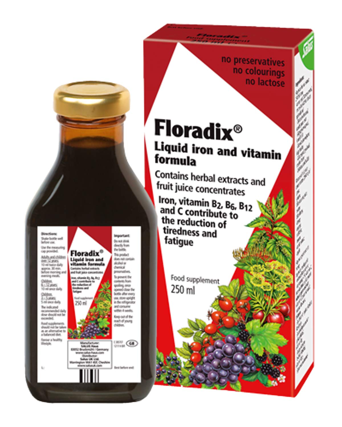 Floradix frontal del envase de 250 ml mostrando etiqueta clara y origen Alemania