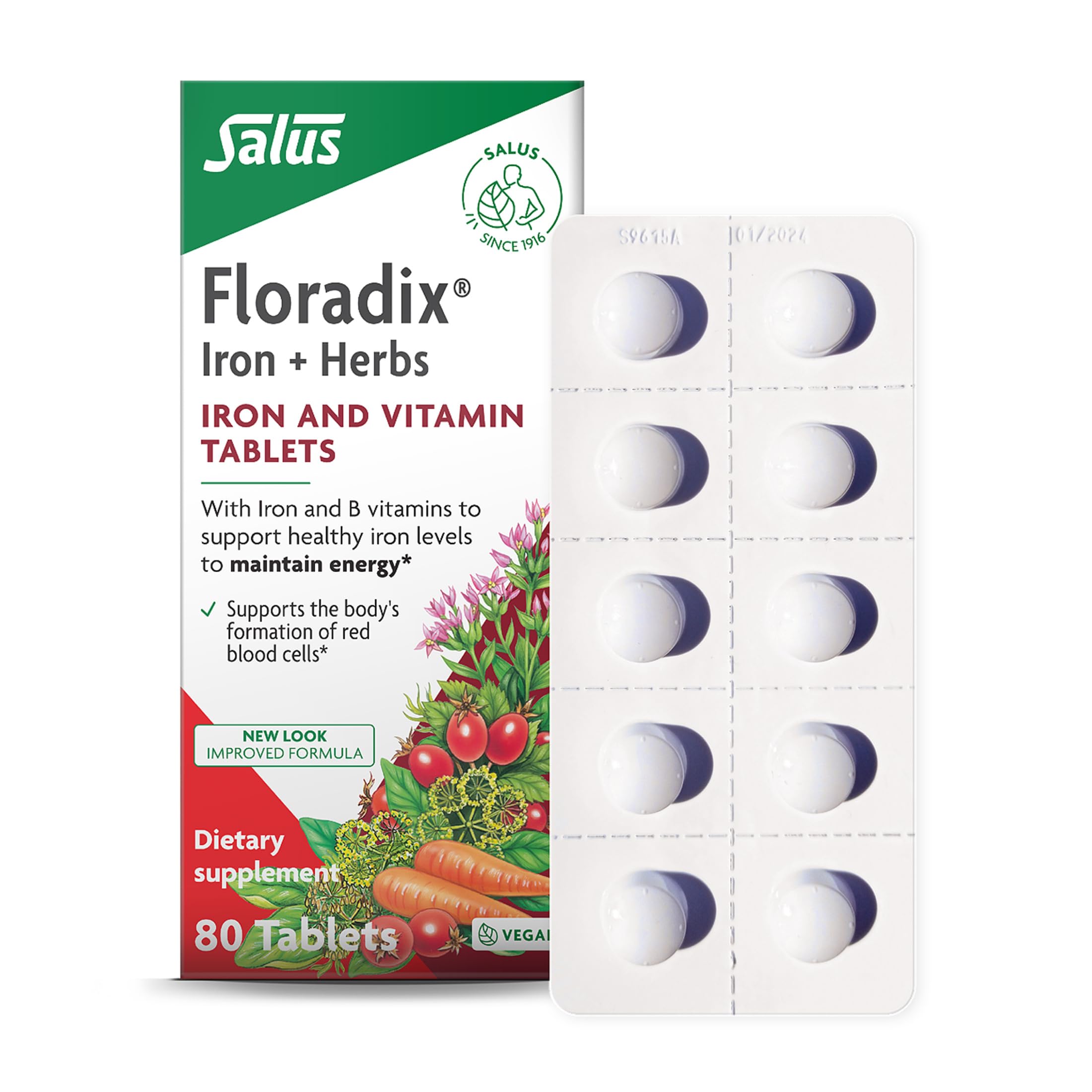 Floradix frontal del envase mostrando el producto y beneficios clave