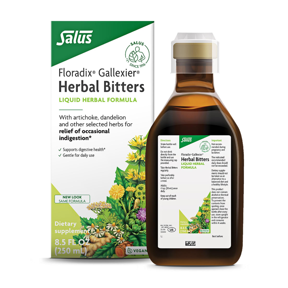 Floradix frasco frente mostrando etiqueta clara y beneficios digestivos