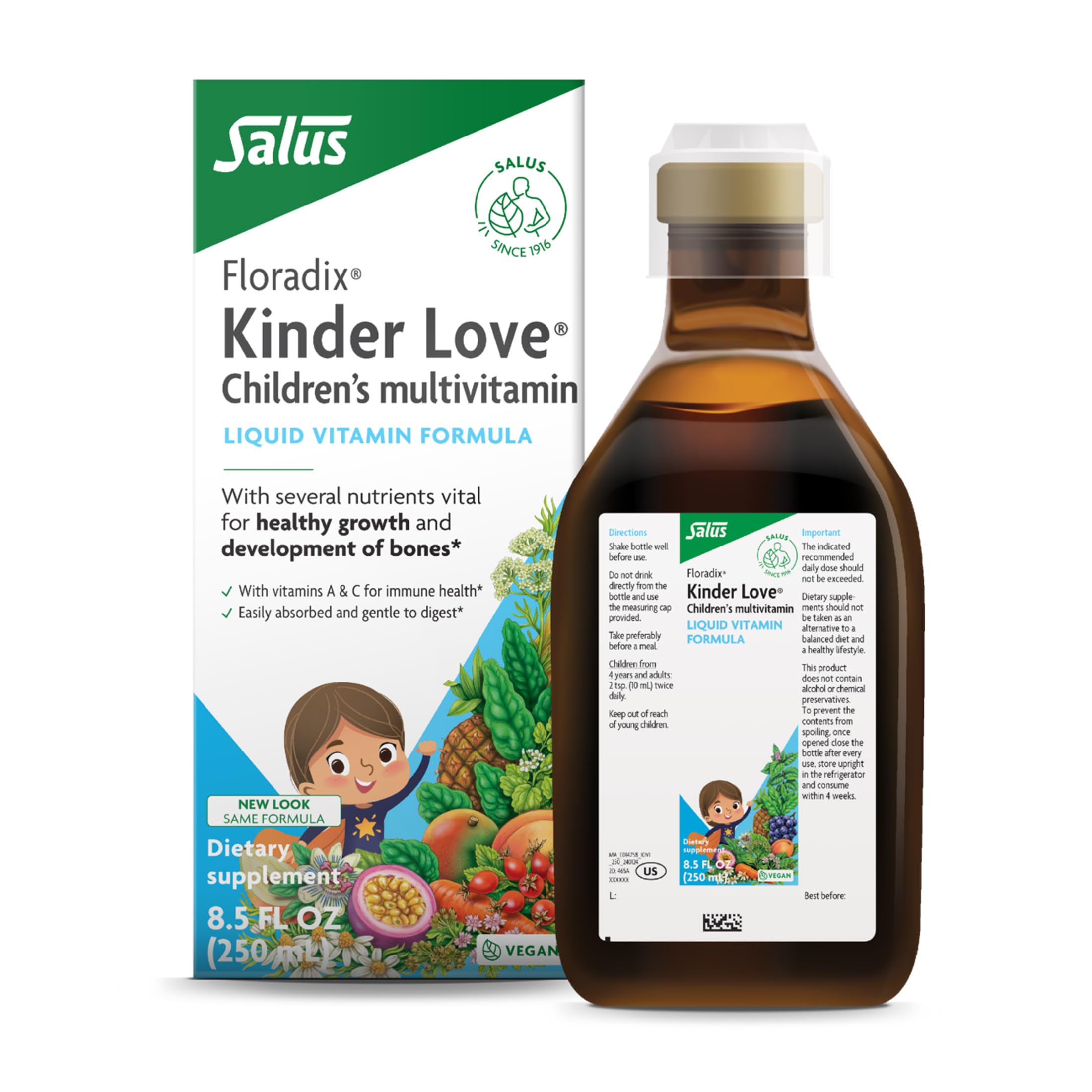 Floradix Kinder Love vista frontal mostrando botella y etiqueta, beneficio visibilidad clara