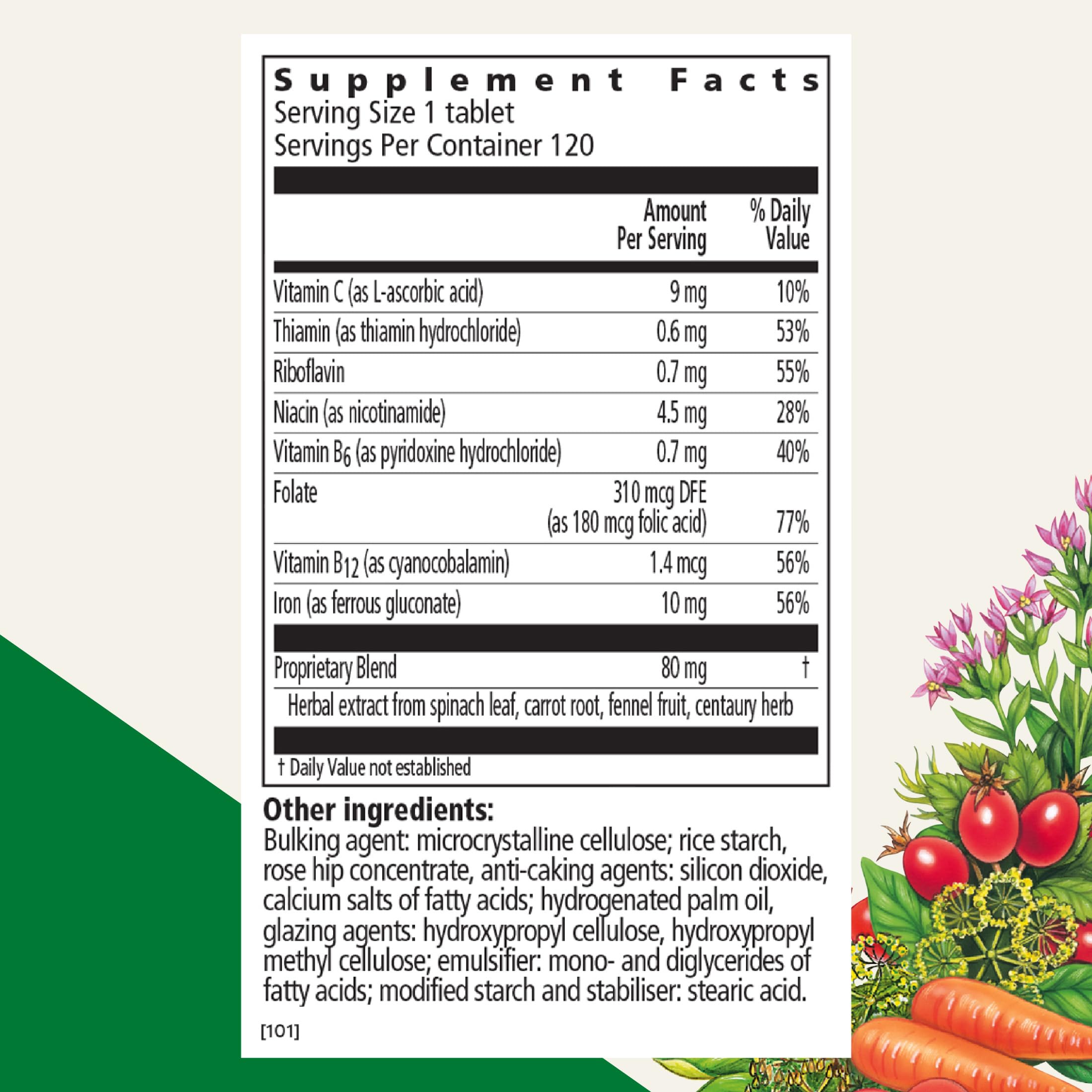 Floradix etiqueta lateral con tabla nutricional clara y beneficios visibles