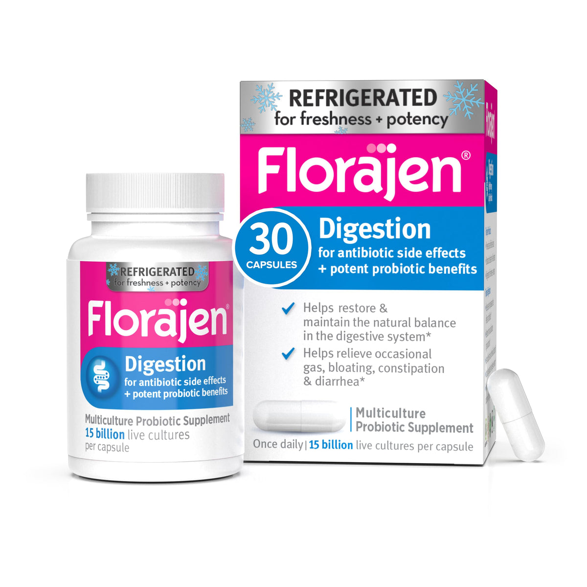 Florajen envase frontal mostrando 30 cápsulas refrigeradas y beneficio de frescura
