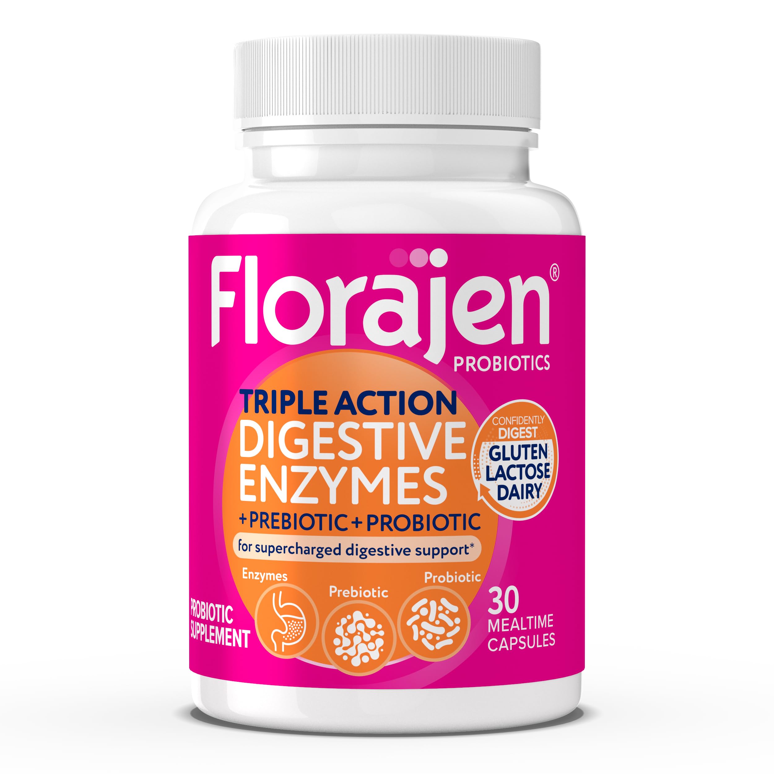 Florajen frente del empaque mostrando 30 cápsulas y beneficios de digestión