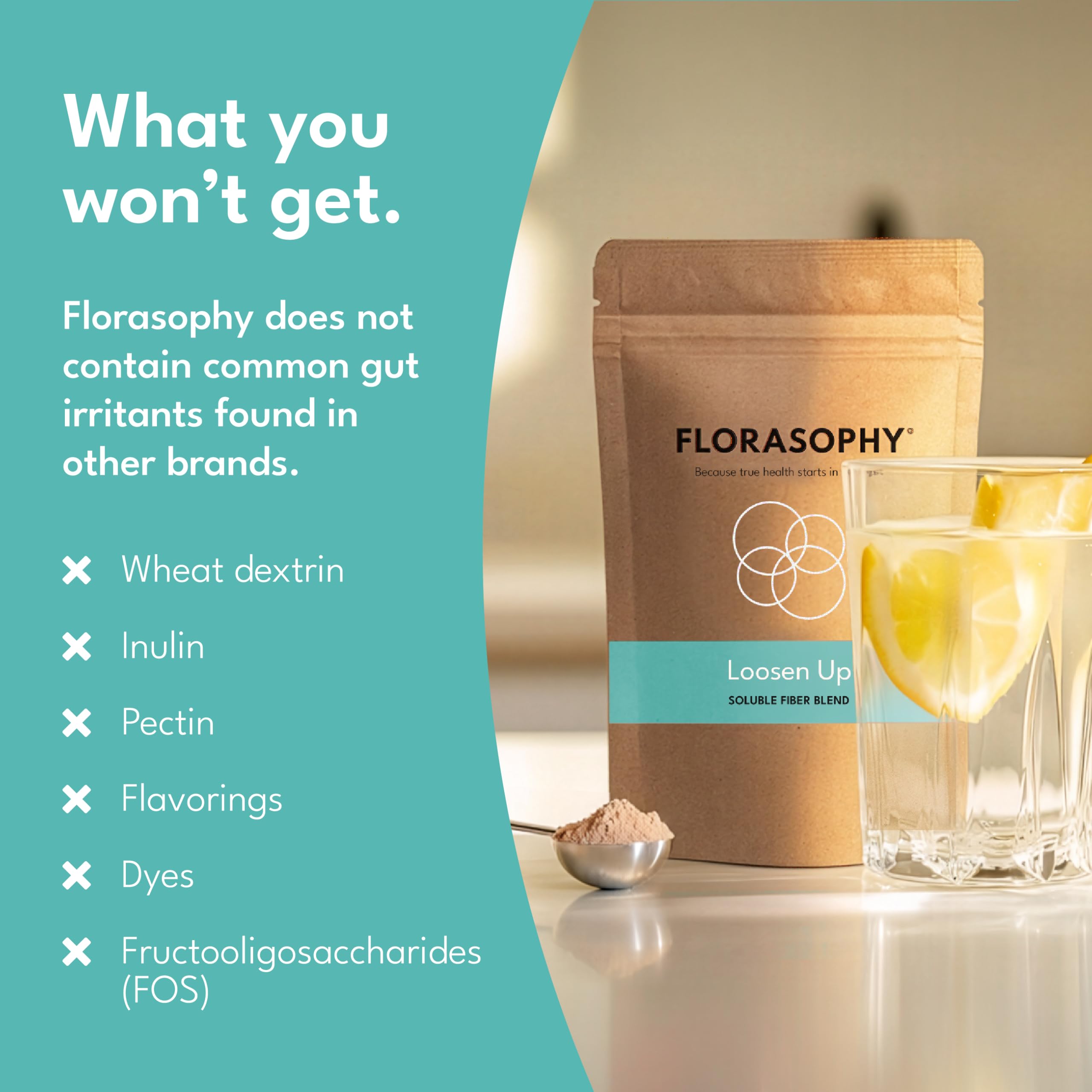 Florasophy polvo disuelto en vaso mostrando mezcla homogénea