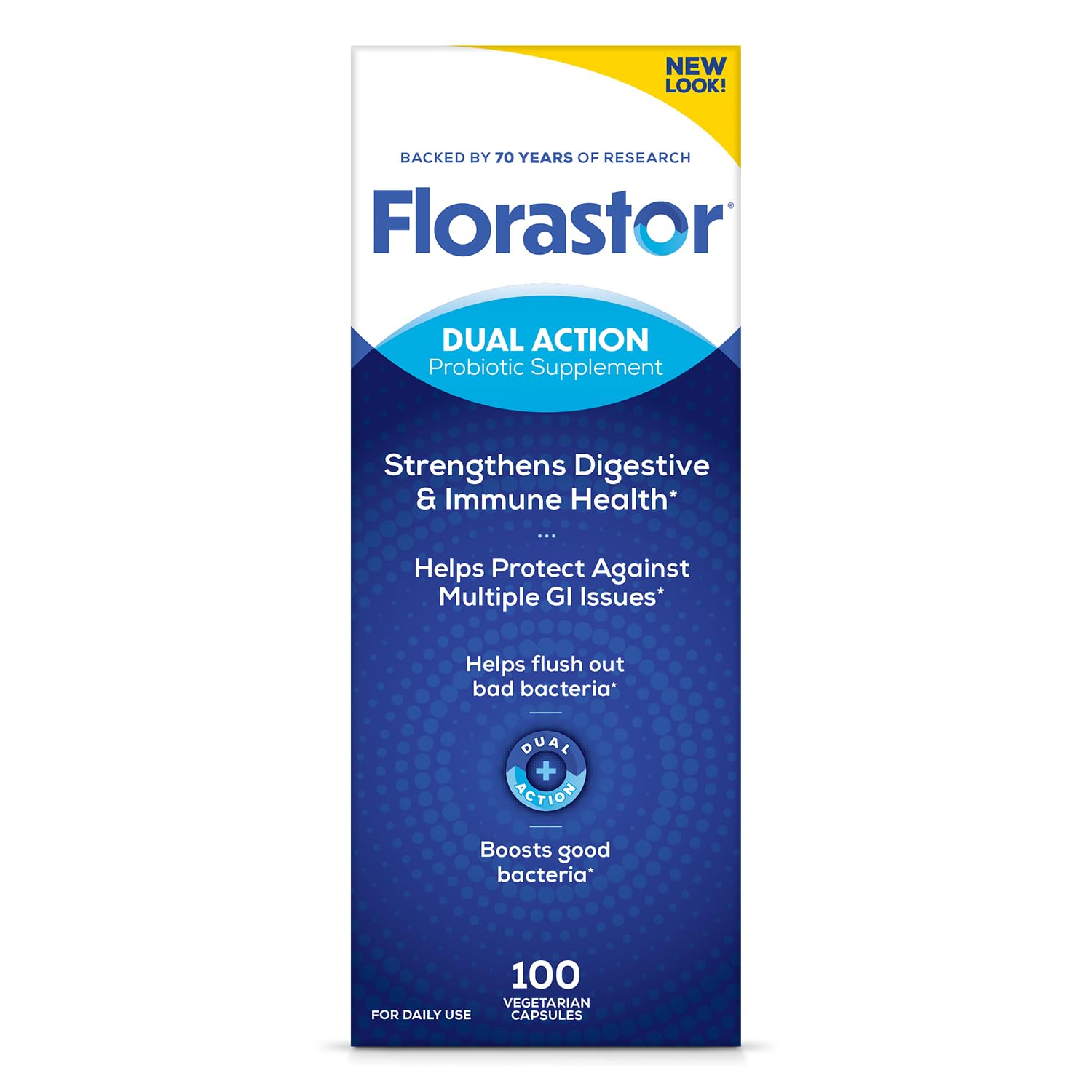Florastor frente del envase mostrando nombre y 100 cápsulas, claridad informativa