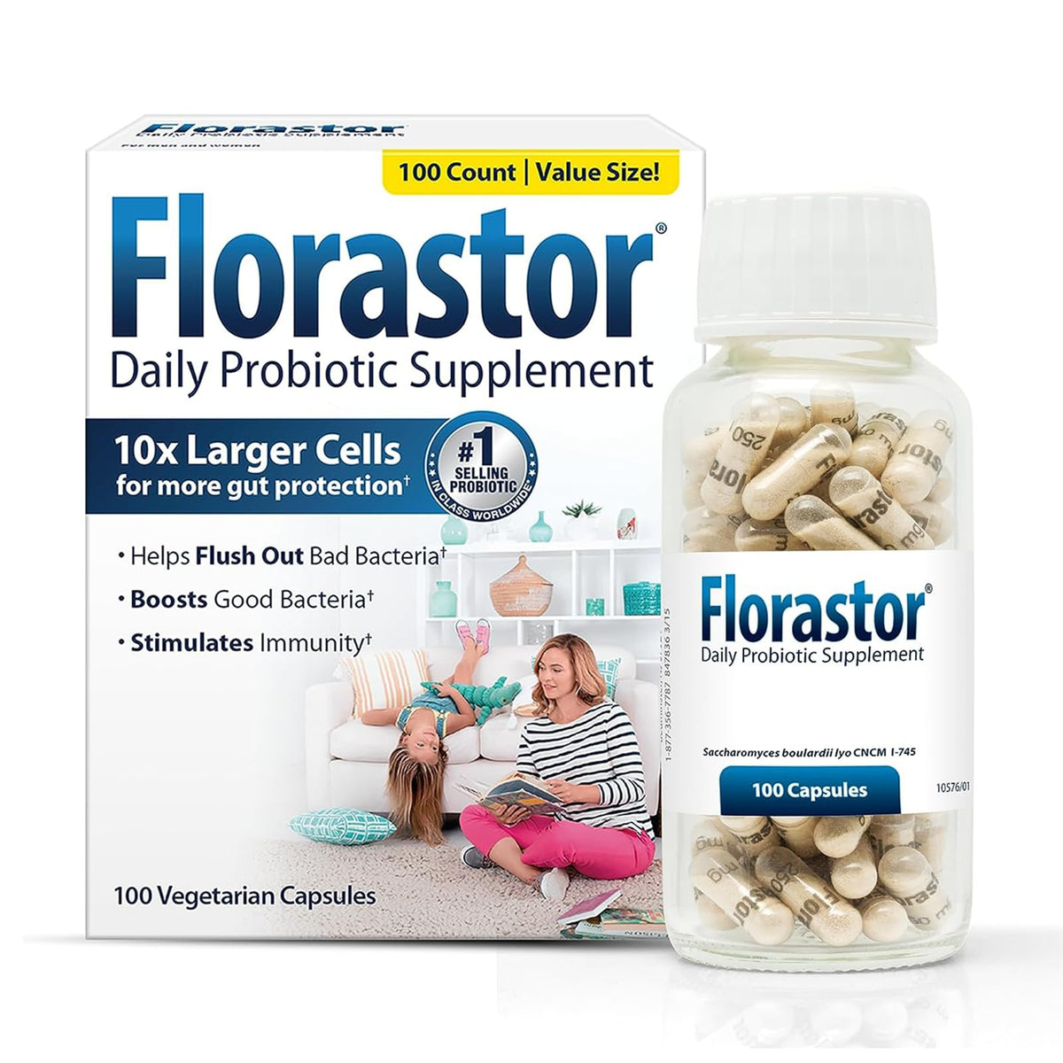 Florastor envase frontal mostrando cápsulas y beneficios de equilibrio intestinal