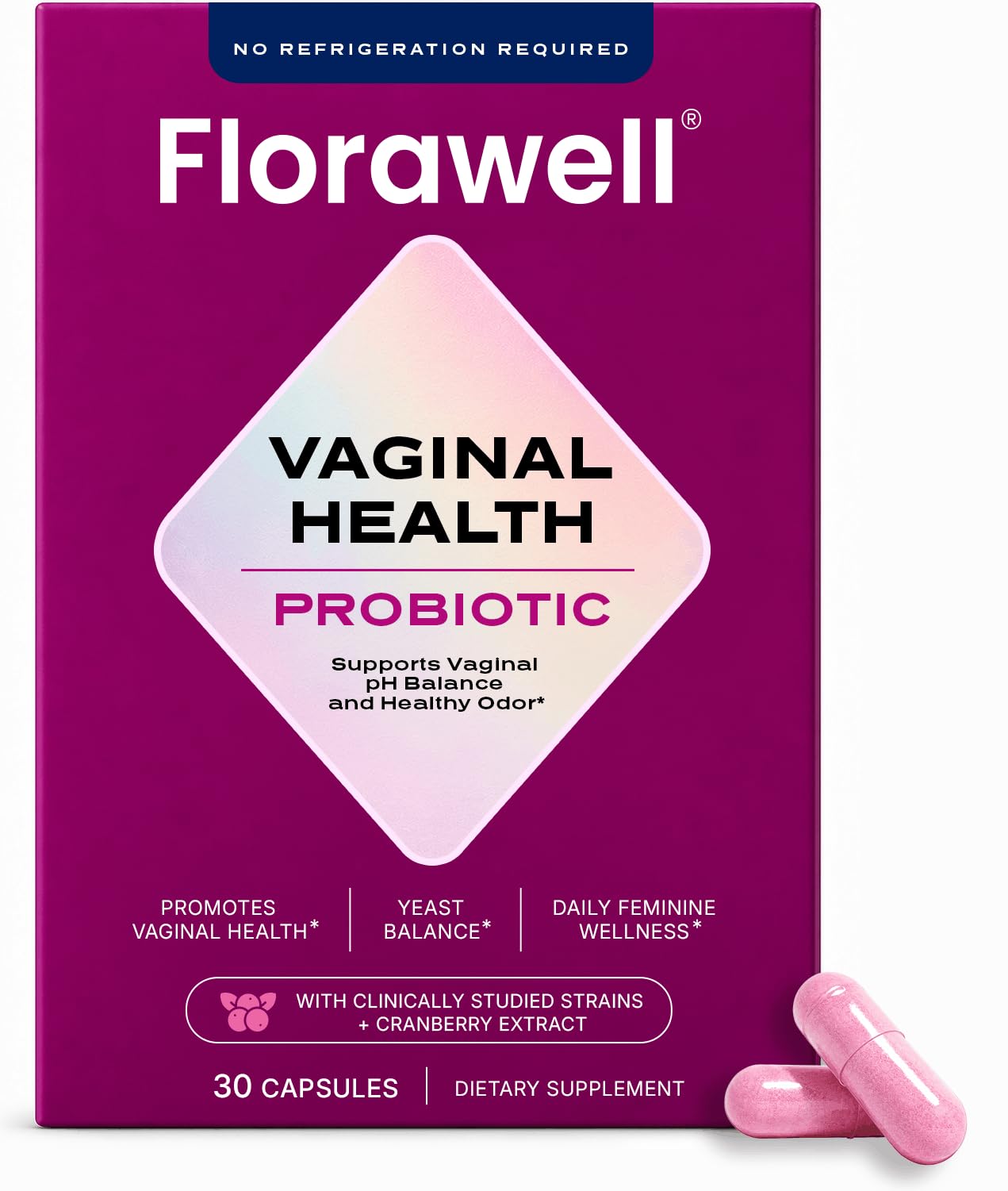 Florawell presentación frontal que muestra envase y beneficio de equilibrio íntimo