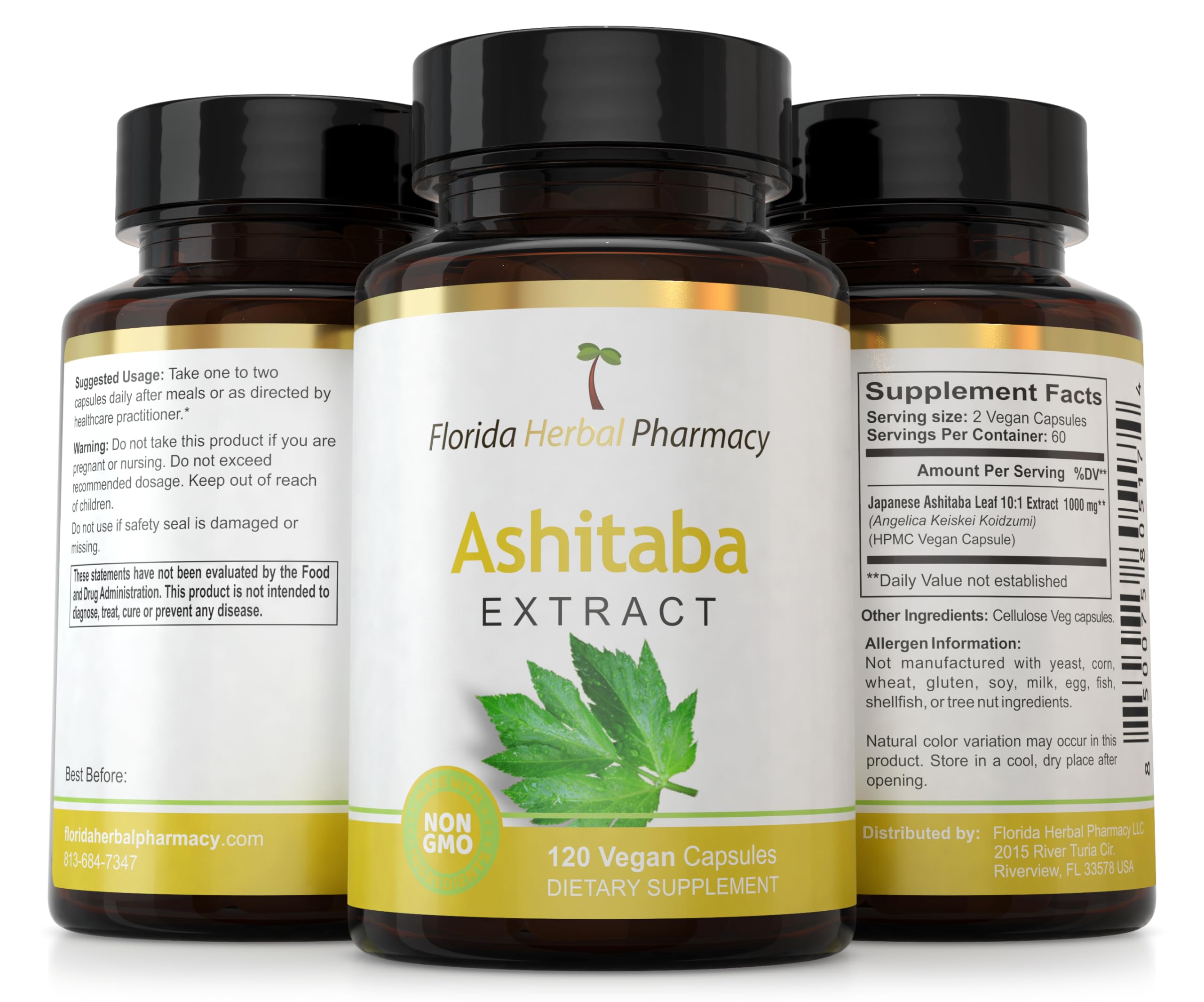 Mano sosteniendo cápsulas Florida Herbal Pharmacy Ashitaba para comparar tamaño y dosis diaria