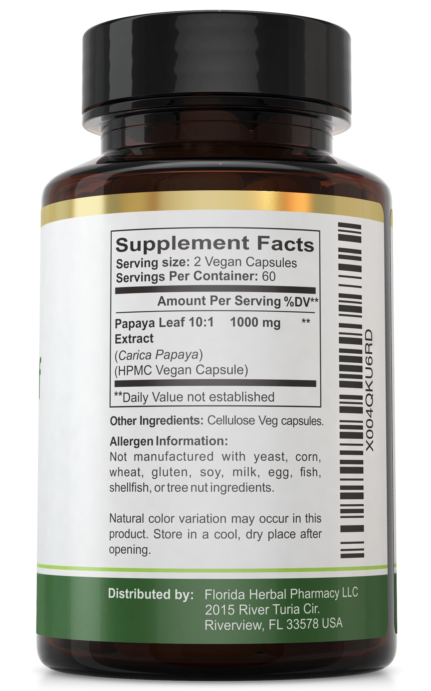 Florida Herbal Pharmacy cápsula en mano para comparar tamaño y dosificación