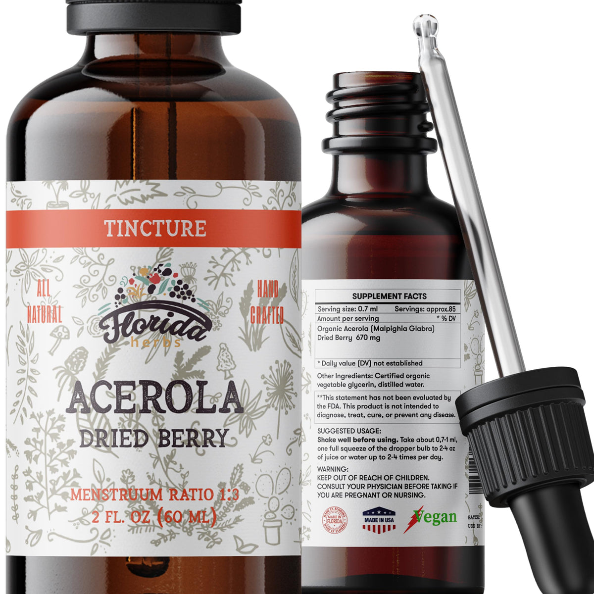 FLORIDA HERBS frasco delantero de Acerola Tincture mostrando presentación clara