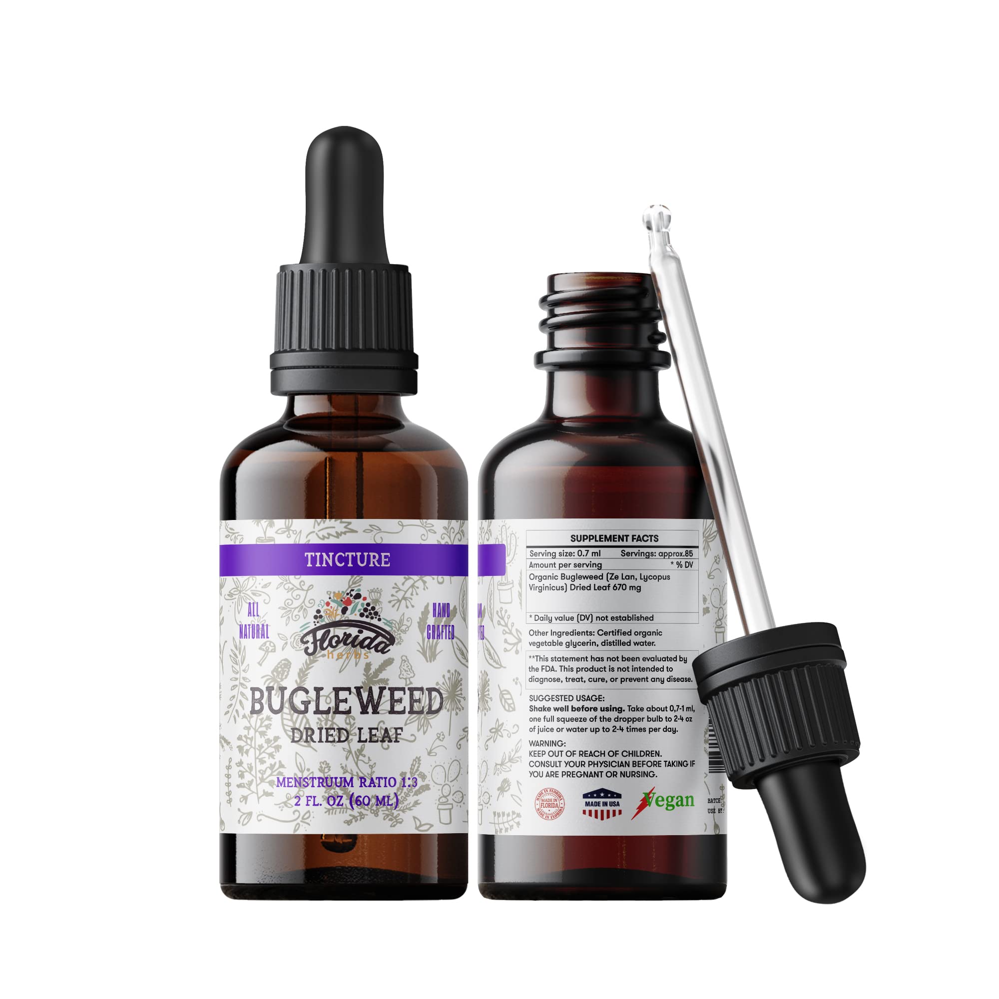 FLORIDA HERBS frasco frontal mostrando etiqueta clara y beneficio de pureza