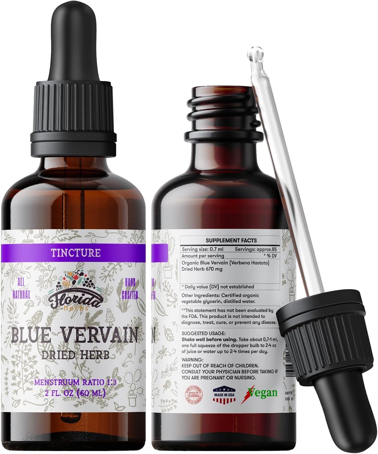 FLORIDA HERBS frasco frontal de extracto de verbena azul, presenta pureza orgánica