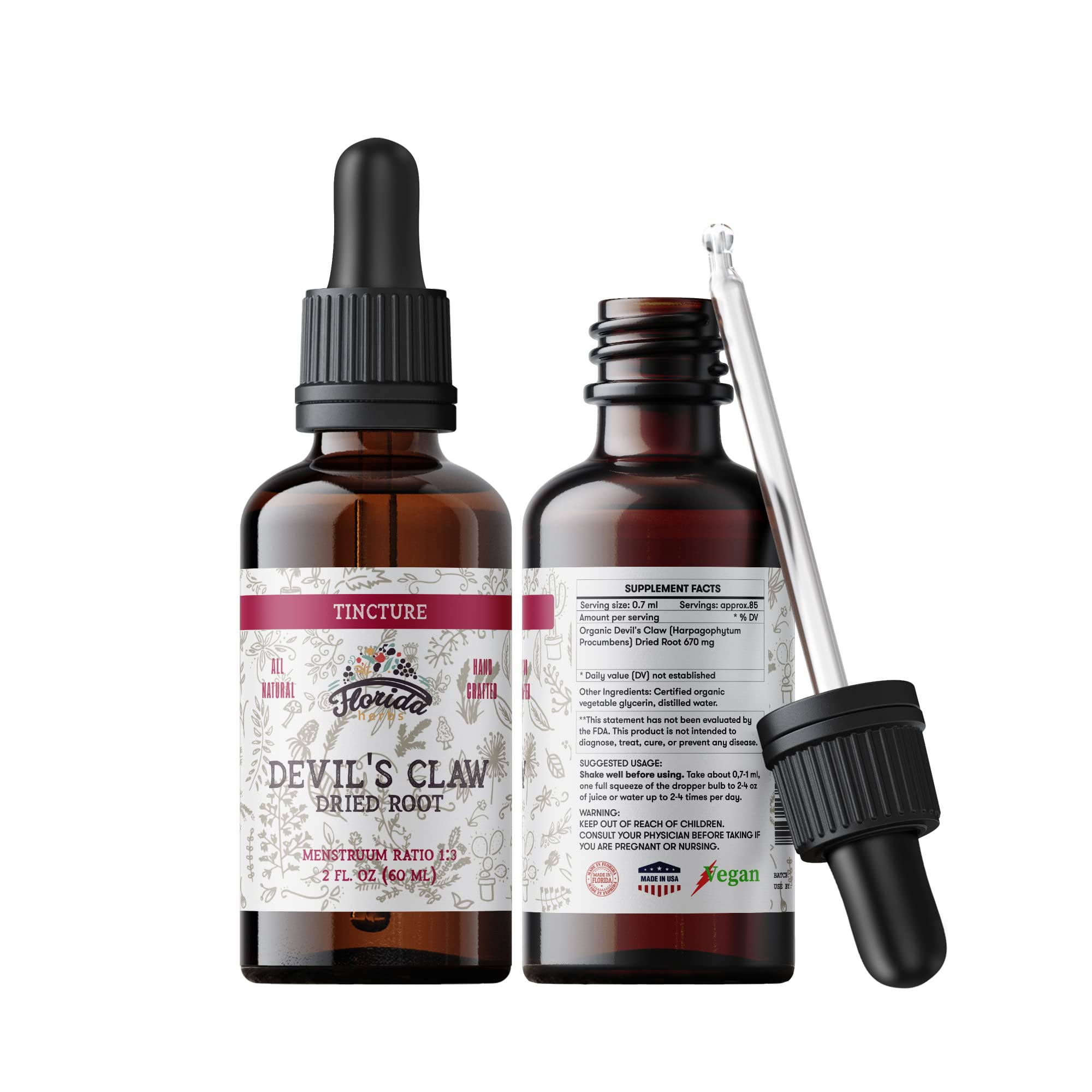 FLORIDA HERBS frasco frontal de Garra del Diablo mostrando etiqueta y tamaño 60 ml