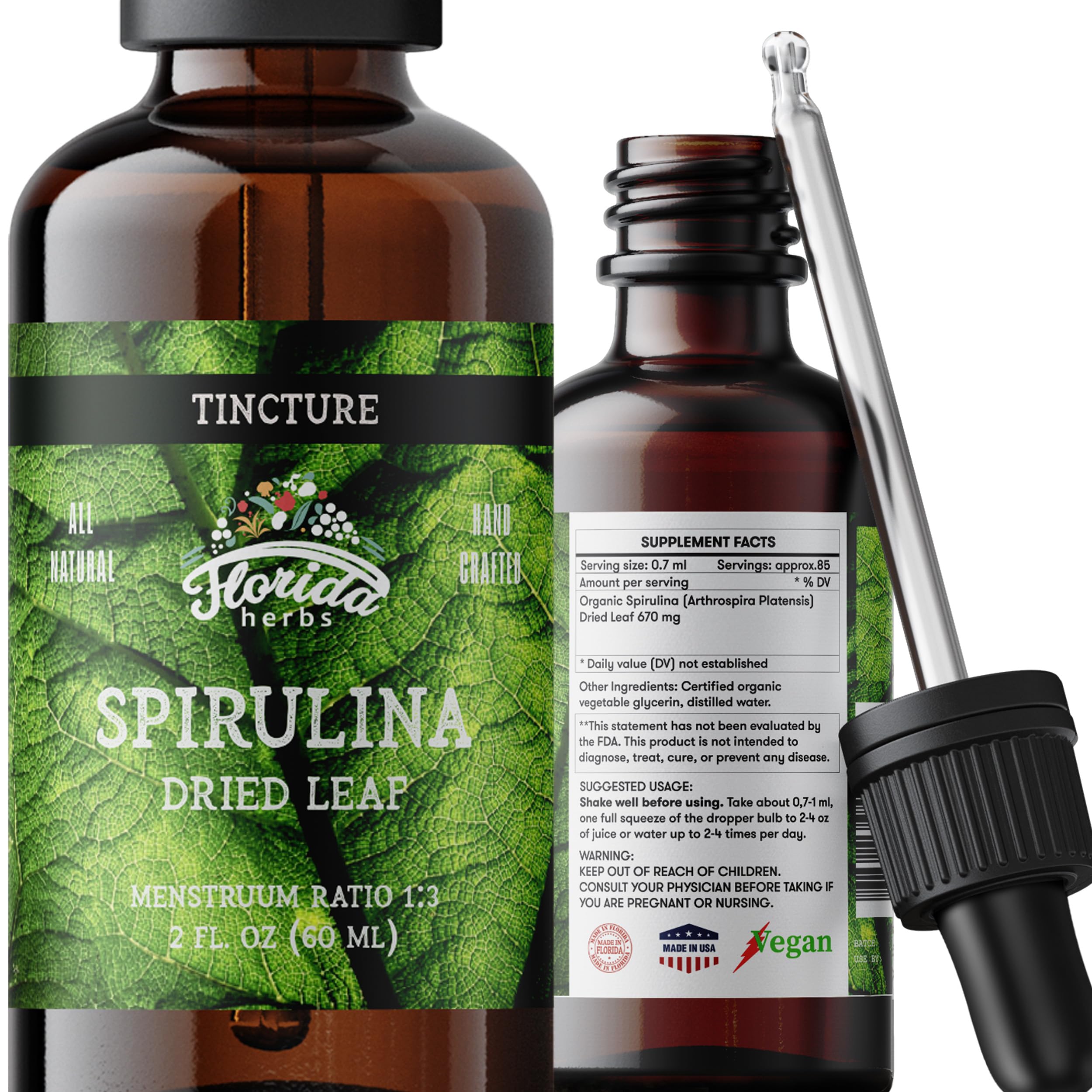 FLORIDA HERBS frente de la botella de spirulina mostrando etiqueta y formato 60 ml para conveniencia