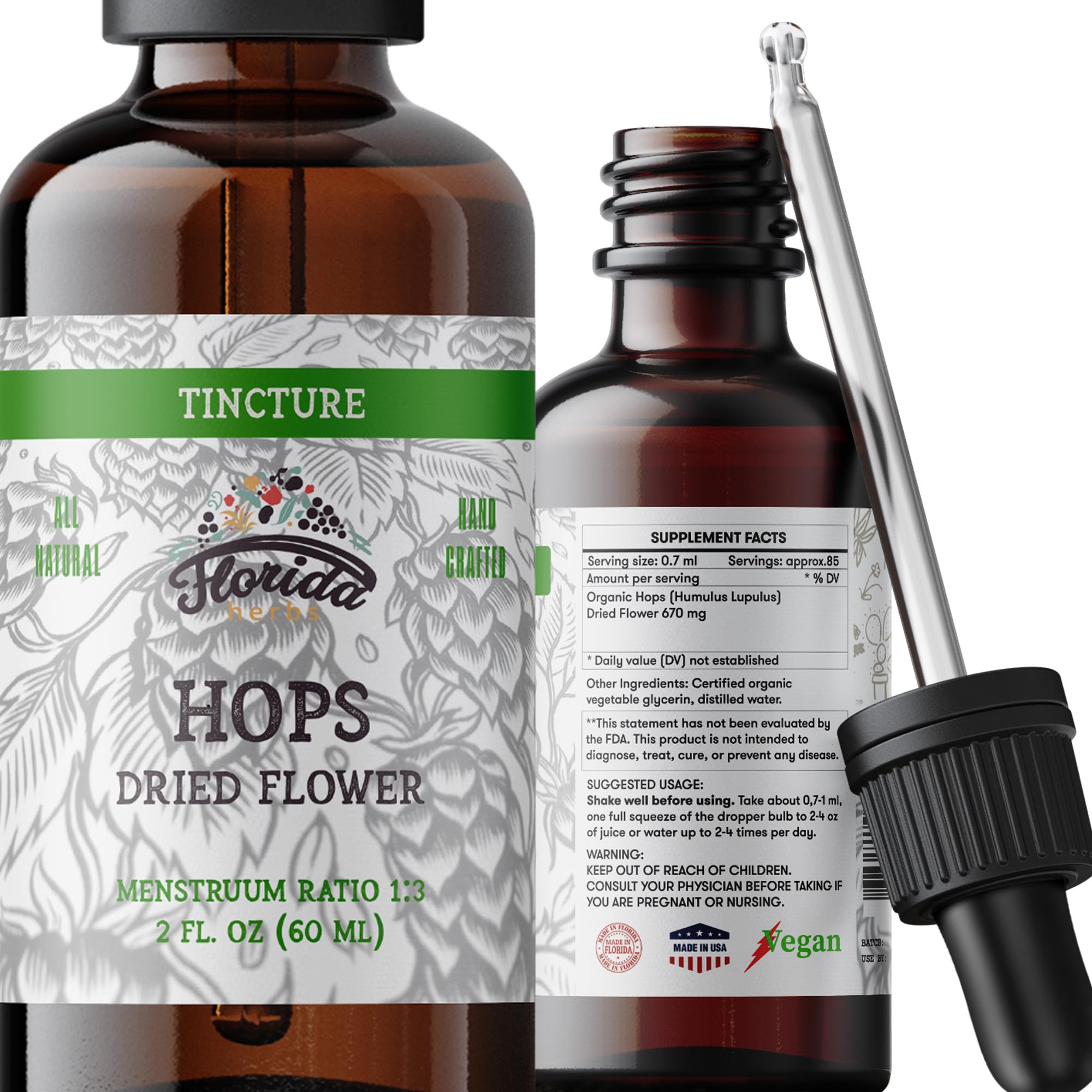 FLORIDA HERBS frasco frontal mostrando etiqueta clara y tamaño práctico