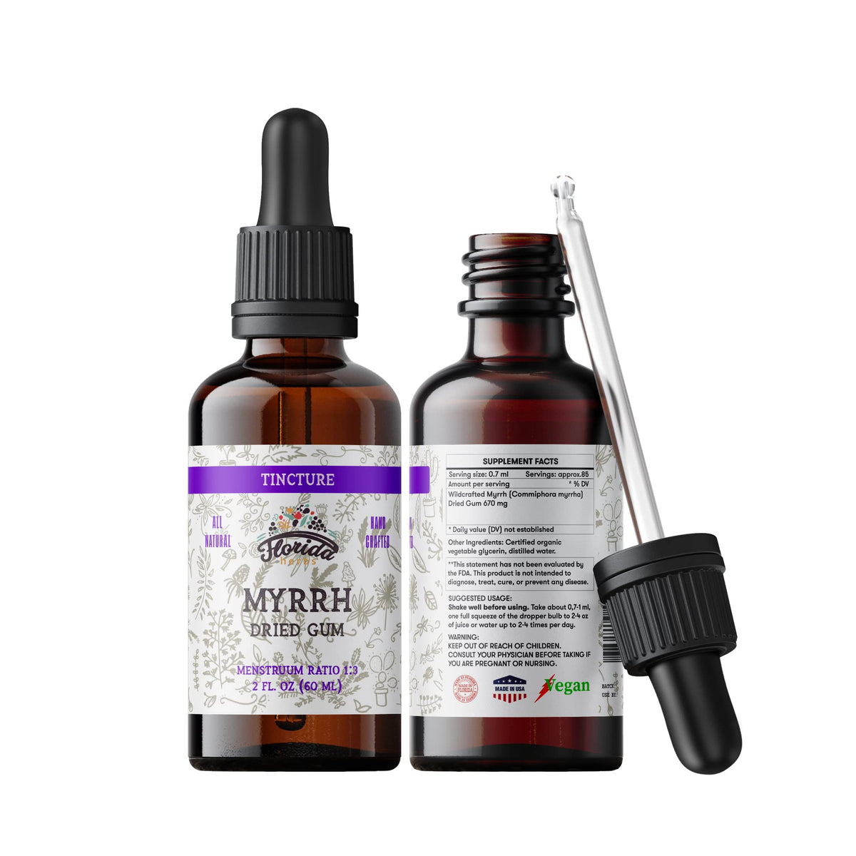 FLORIDA HERBS botella frontal del extracto de mirra, presentación clara y beneficiosa