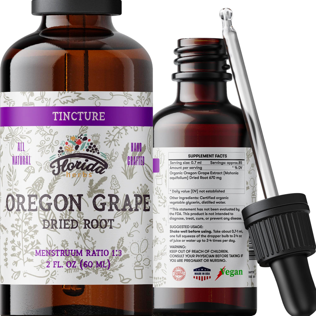 FLORIDA HERBS frasco frontal de Oregon Grape con etiqueta clara y envase oscuro