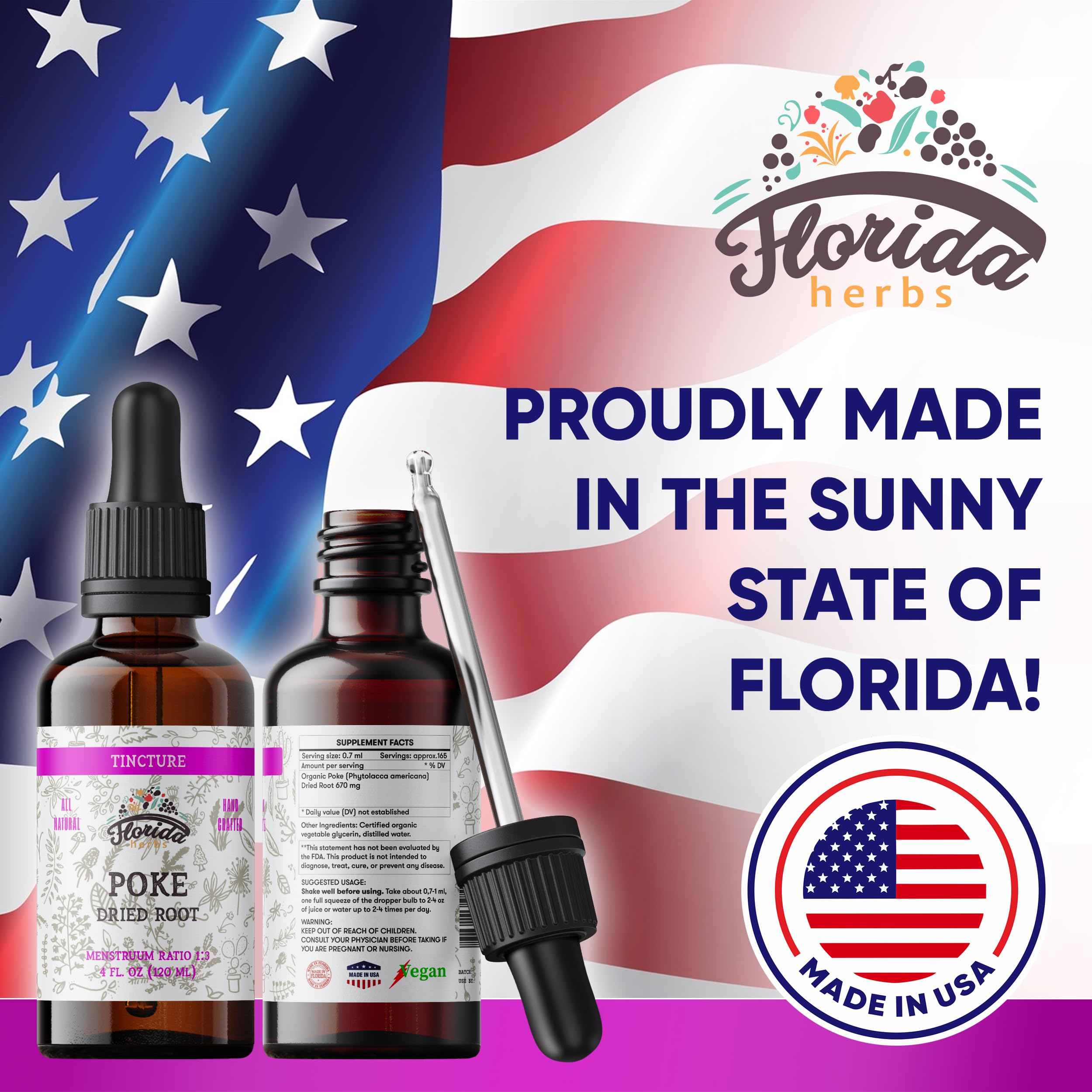 FLORIDA HERBS frasco al lado de una tarjeta de tamaño, muestra escala portátil de 60 ml