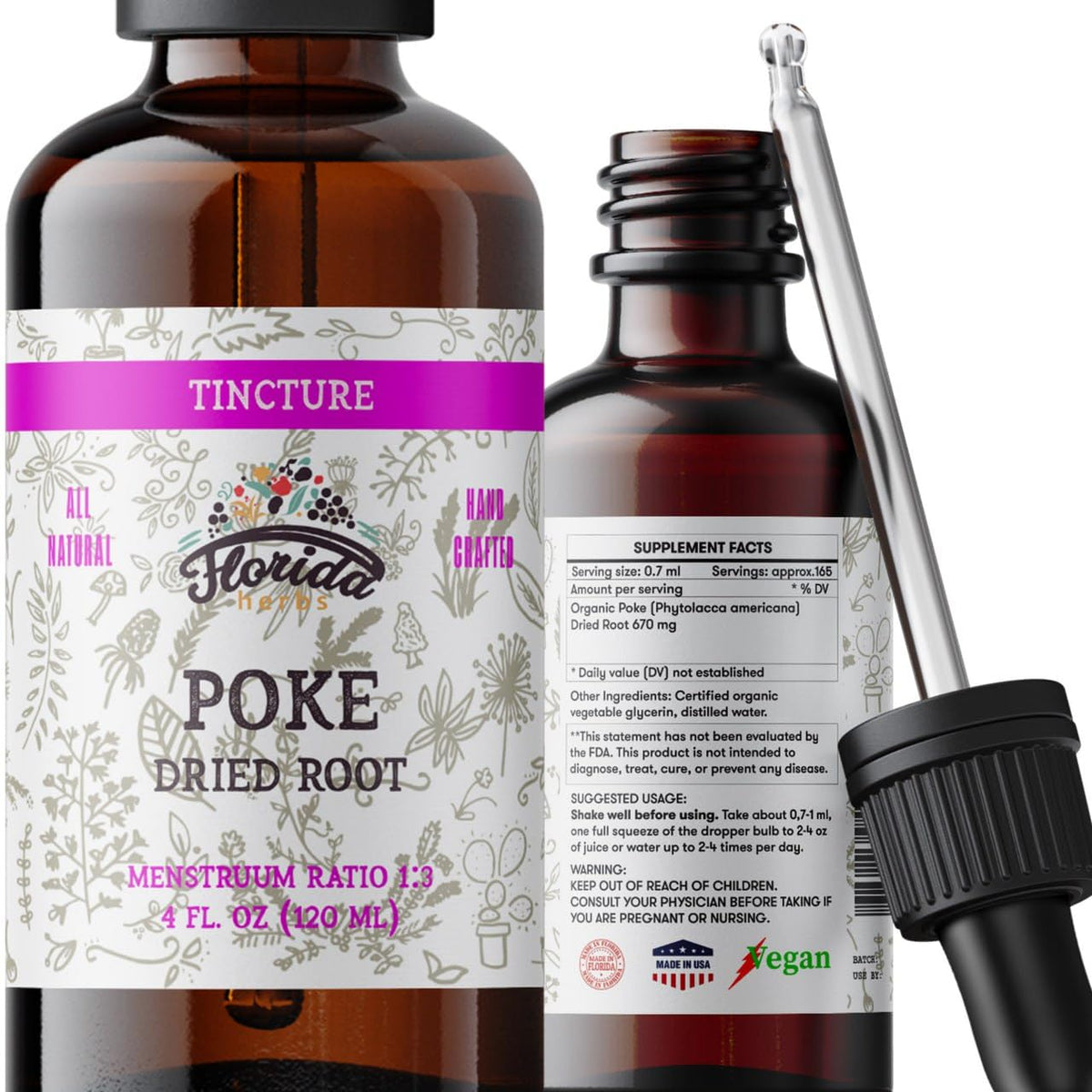 FLORIDA HERBS frasco frontal de tintura de raíz de poke, formato 60 ml y etiqueta orgánica
