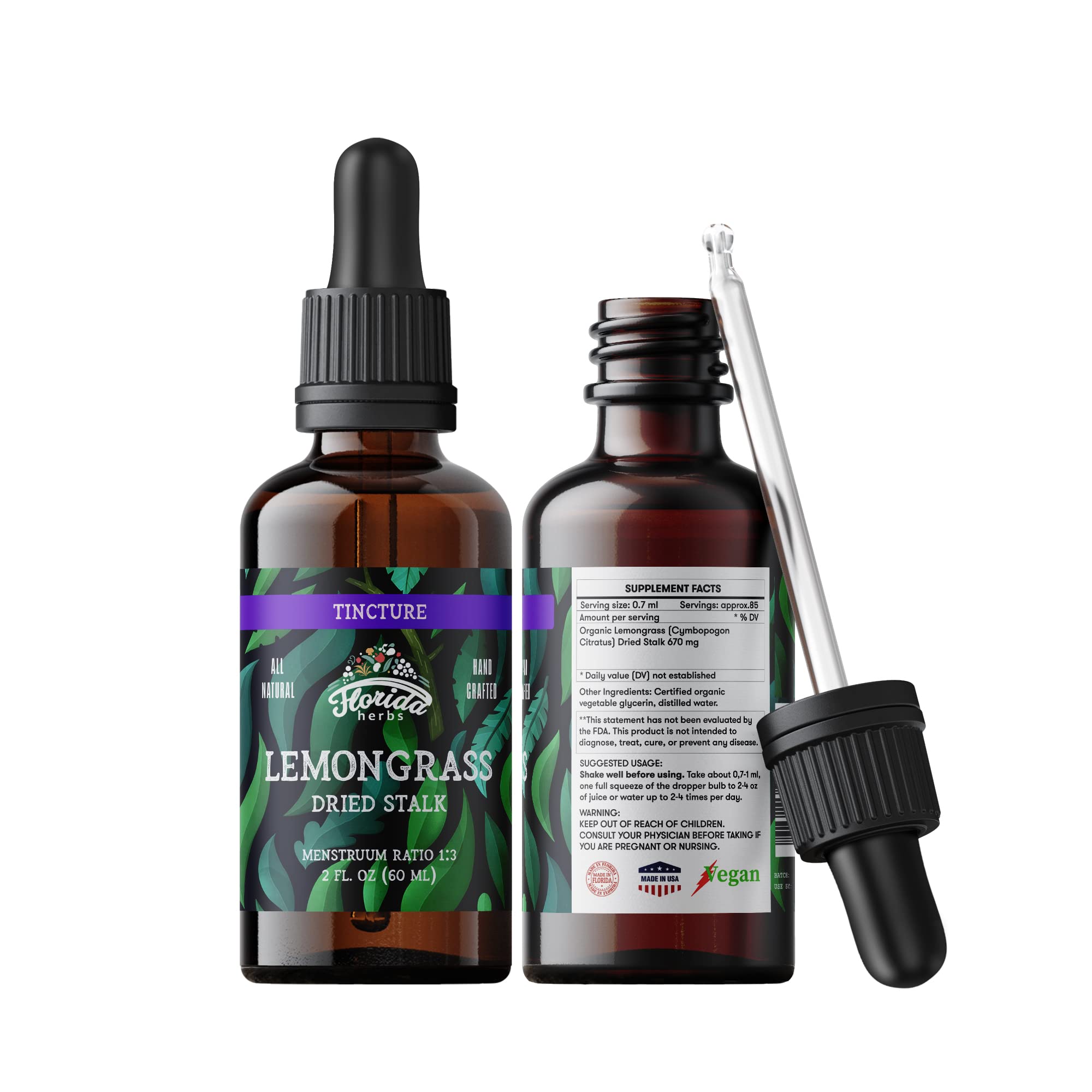 FLORIDA HERBS frasco frontal de tintura de hierba limón mostrando etiqueta clara y beneficios
