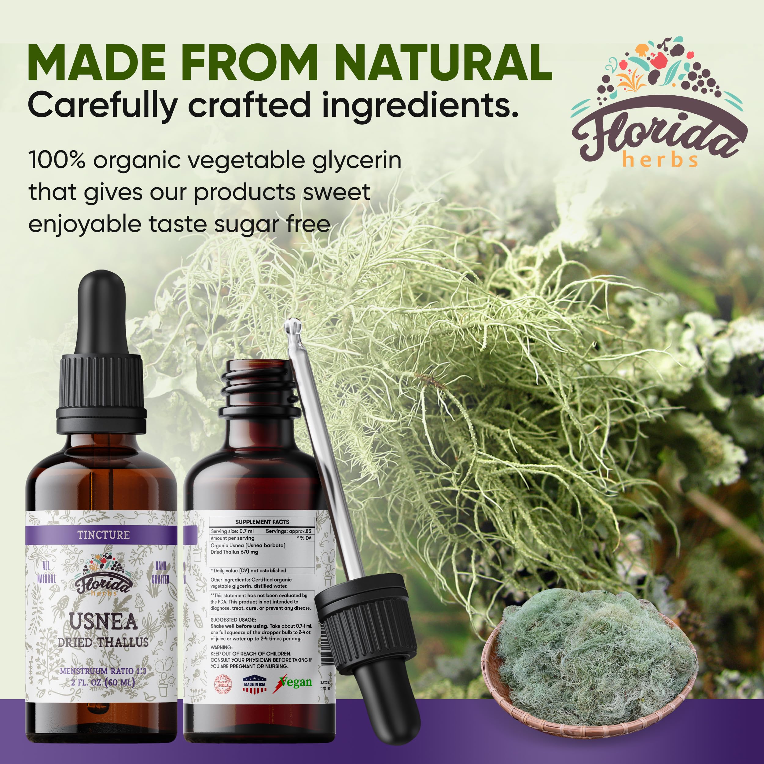 FLORIDA HERBS detalle de etiqueta con información orgánica y sin alcohol