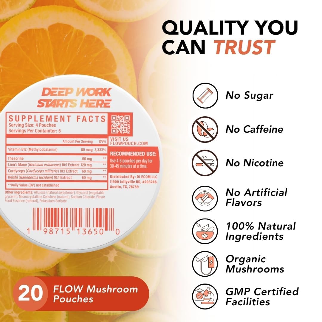 Flow Pouches etiqueta de ingredientes resaltando mezcla de hongos funcionales