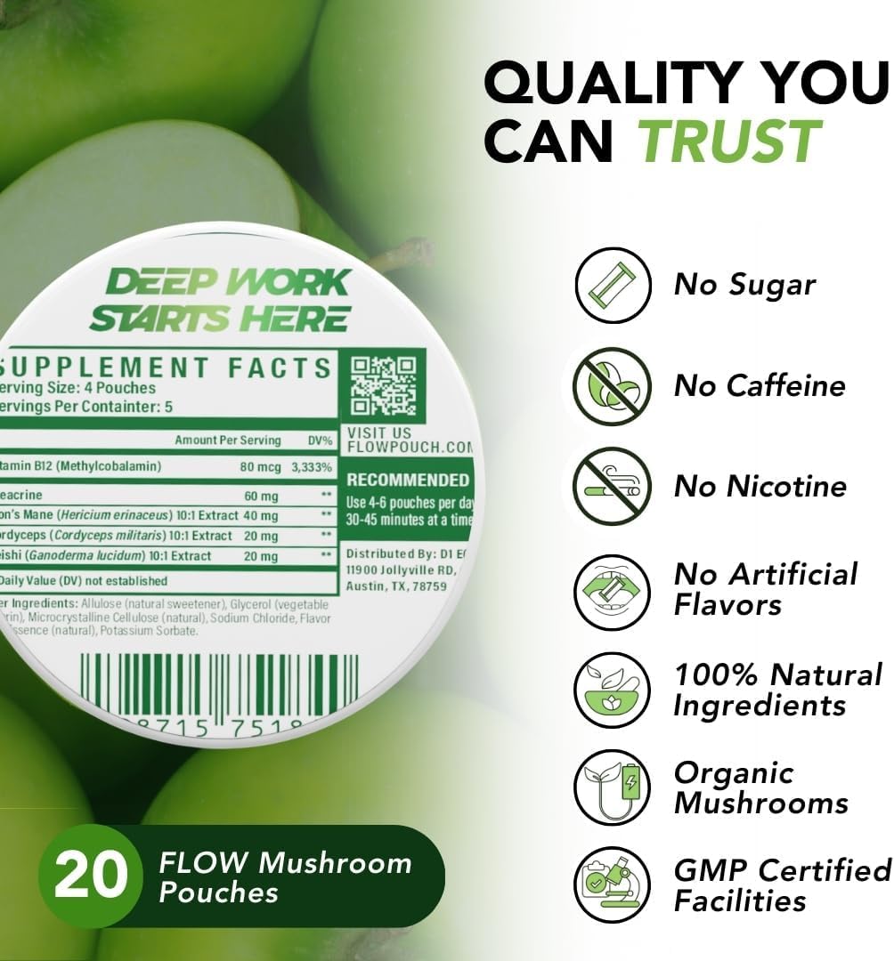 Etiqueta de Flow Pouches con lista de ingredientes y declaración sin nicotina para claridad