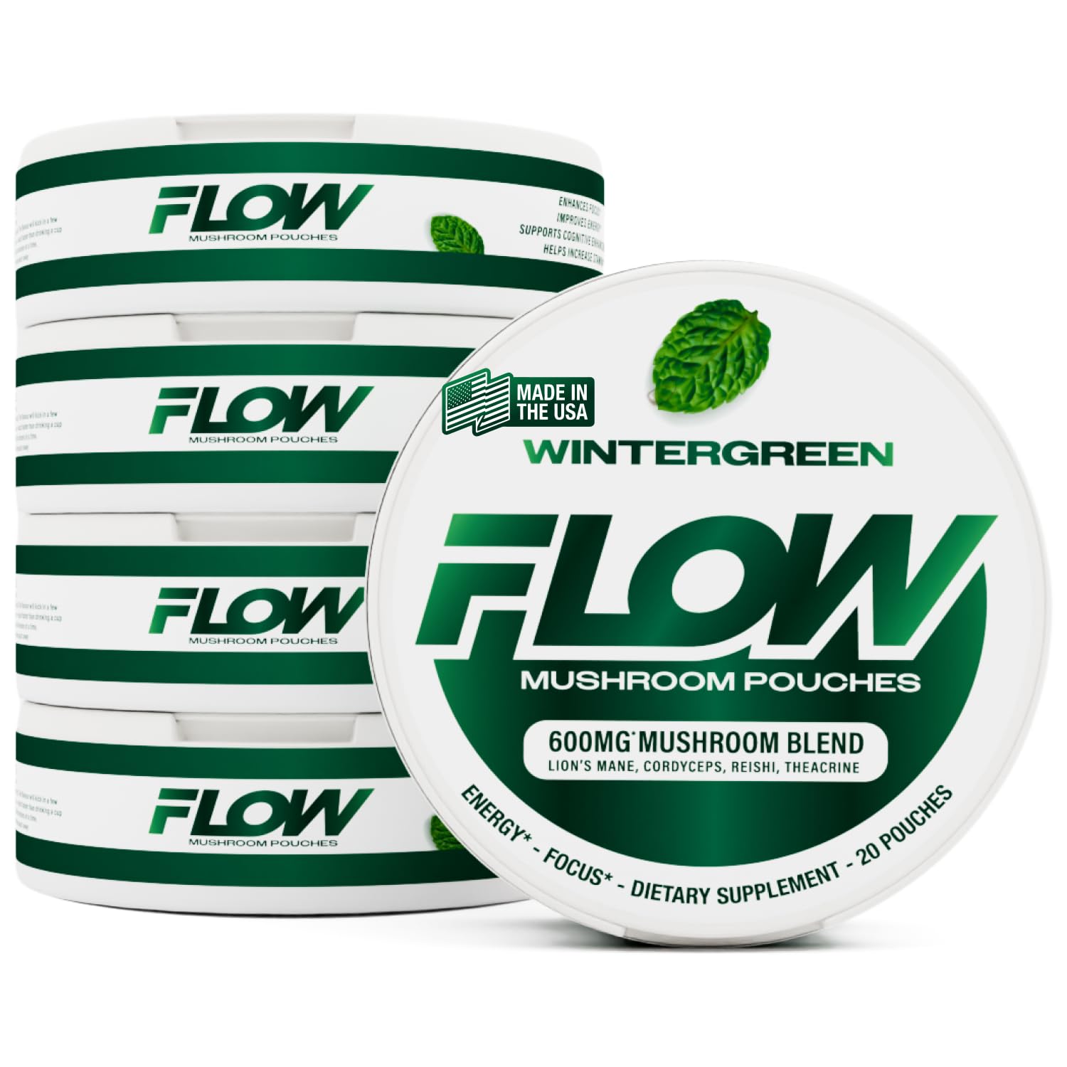 Flow Pouches lata frontal wintergreen mostrando diseño y frescura