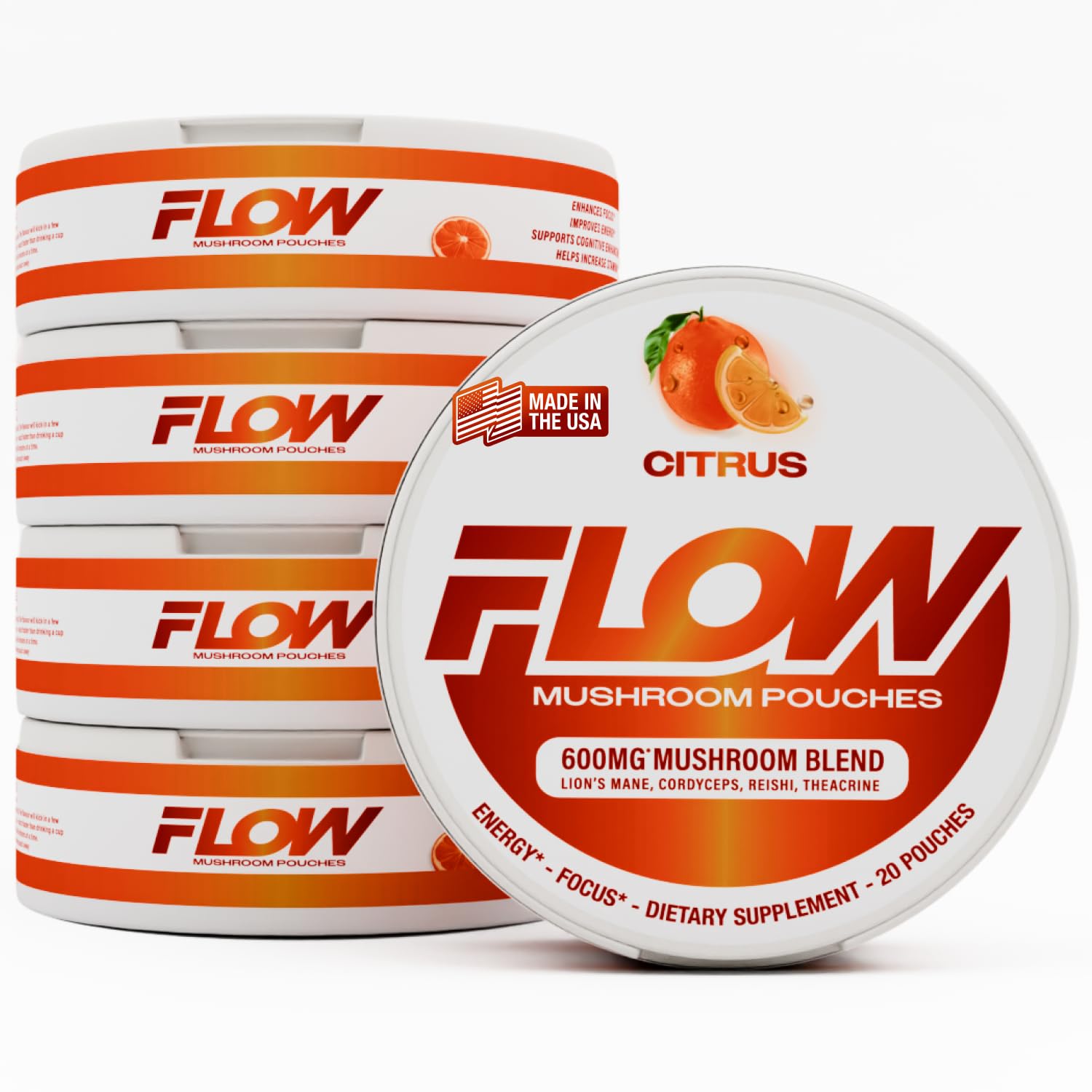 Flow Pouches frente del empaque mostrando 5 latas y beneficio de conveniencia