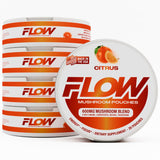 Flow Pouches frente del empaque mostrando 5 latas y beneficio de conveniencia