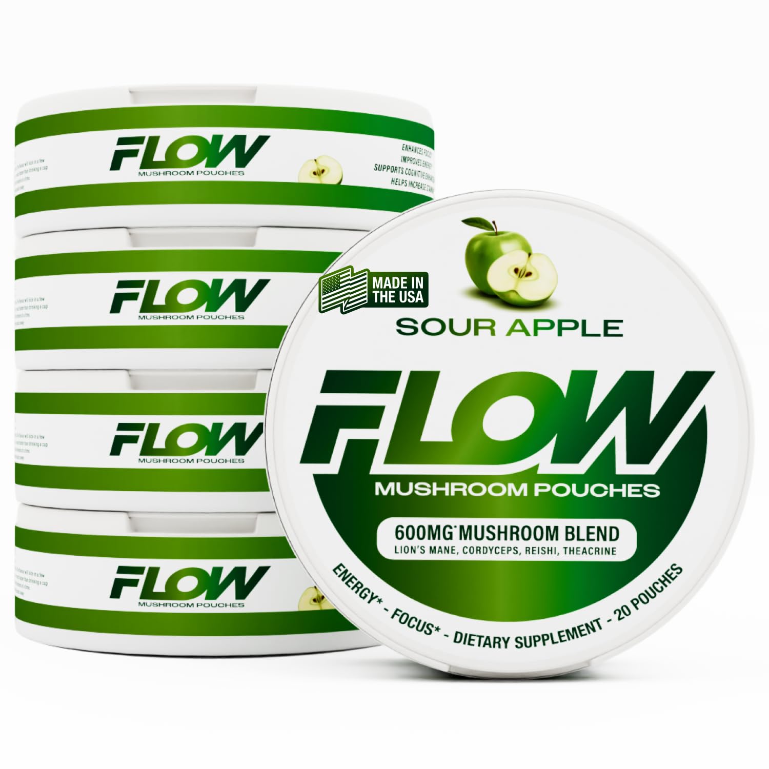 Flow Pouches frente de latas Sour Apple mostrando el diseño y cantidad de 5 latas