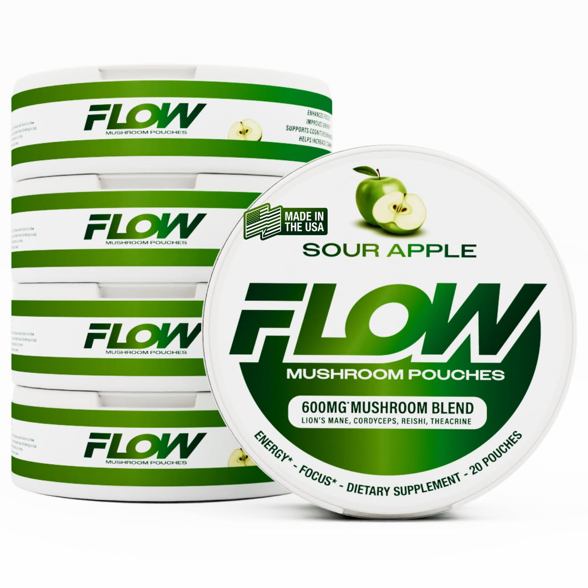 Flow Pouches frente de latas Sour Apple mostrando el diseño y cantidad de 5 latas