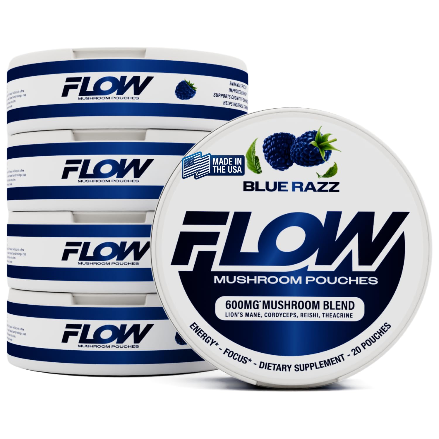Flow Pouches frontal de lata Blue Razz mostrando diseño y cantidad de sobres