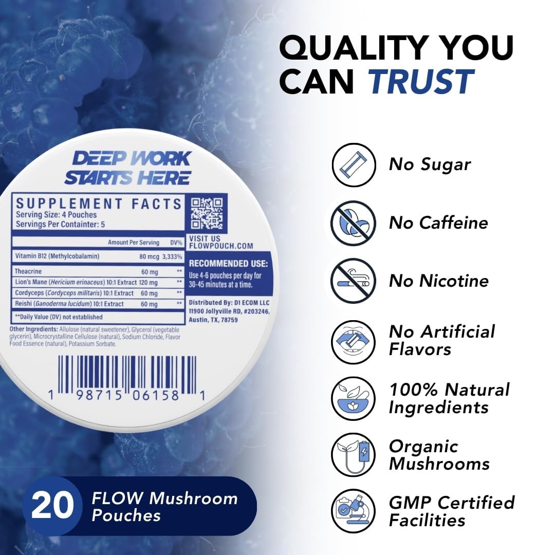 Flow Pouches etiqueta con ingredientes de hongos para claridad de fórmula