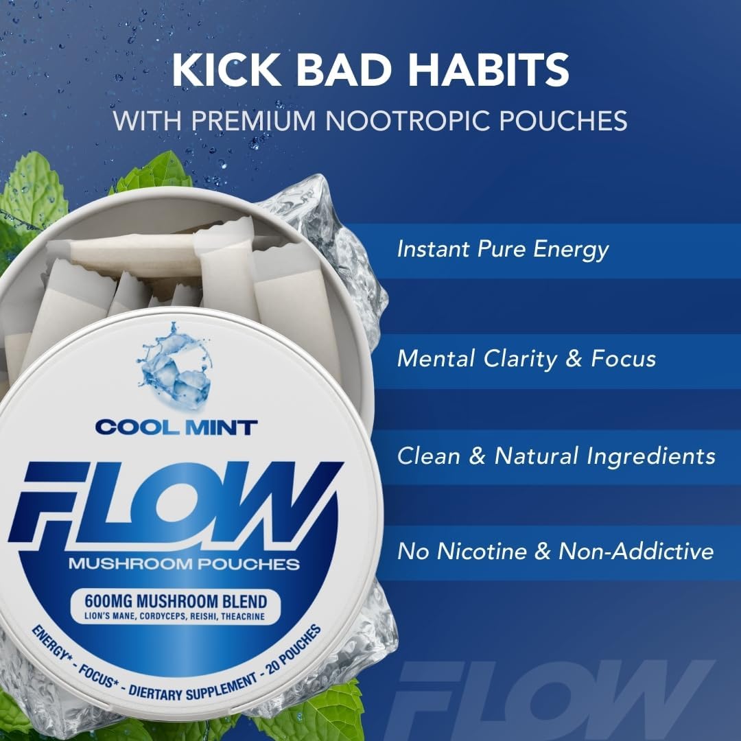 Flow Pouches lata abierta revelando 20 sobres listos para usar