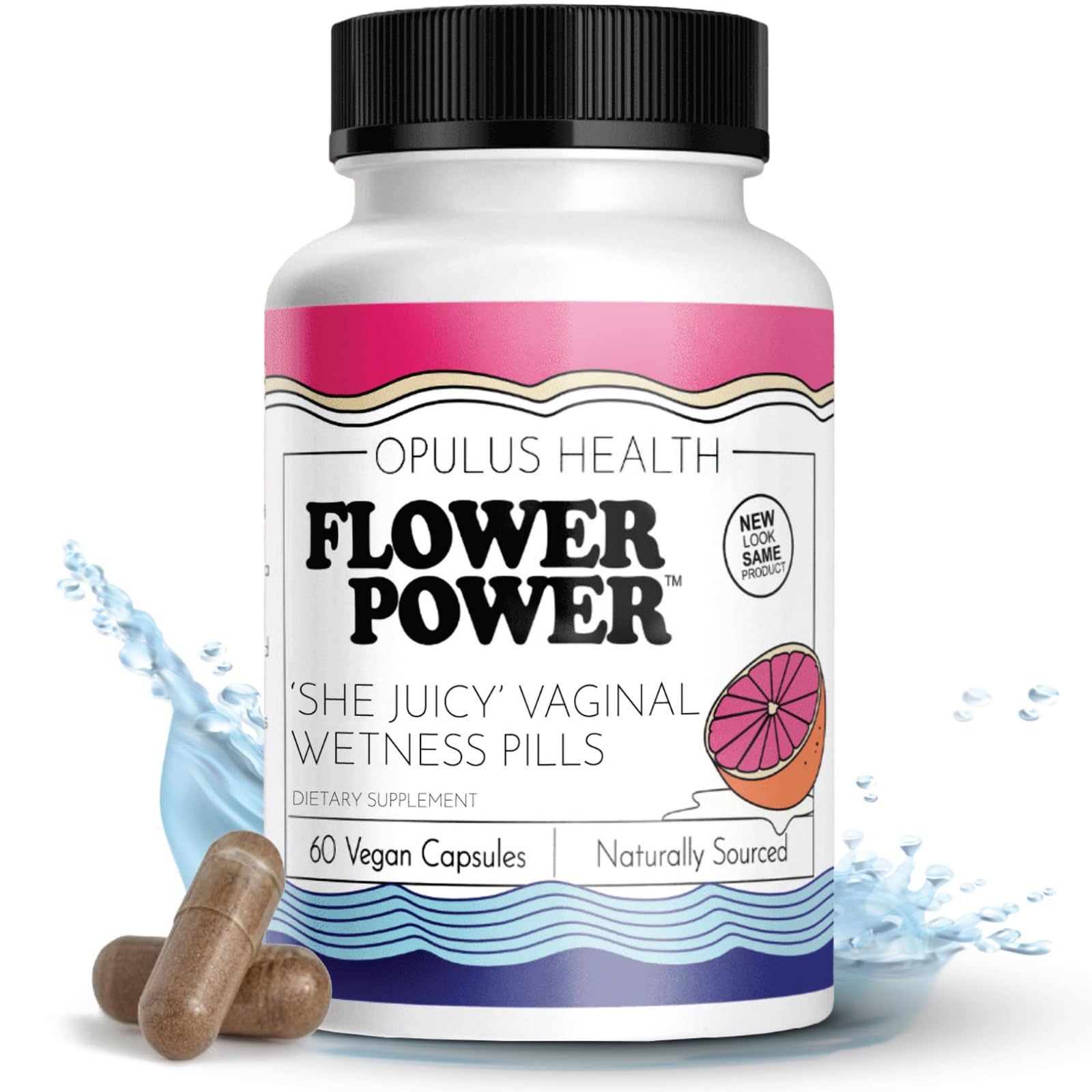 Flower Power envase frontal mostrando 60 cápsulas y beneficio de hidratación interna