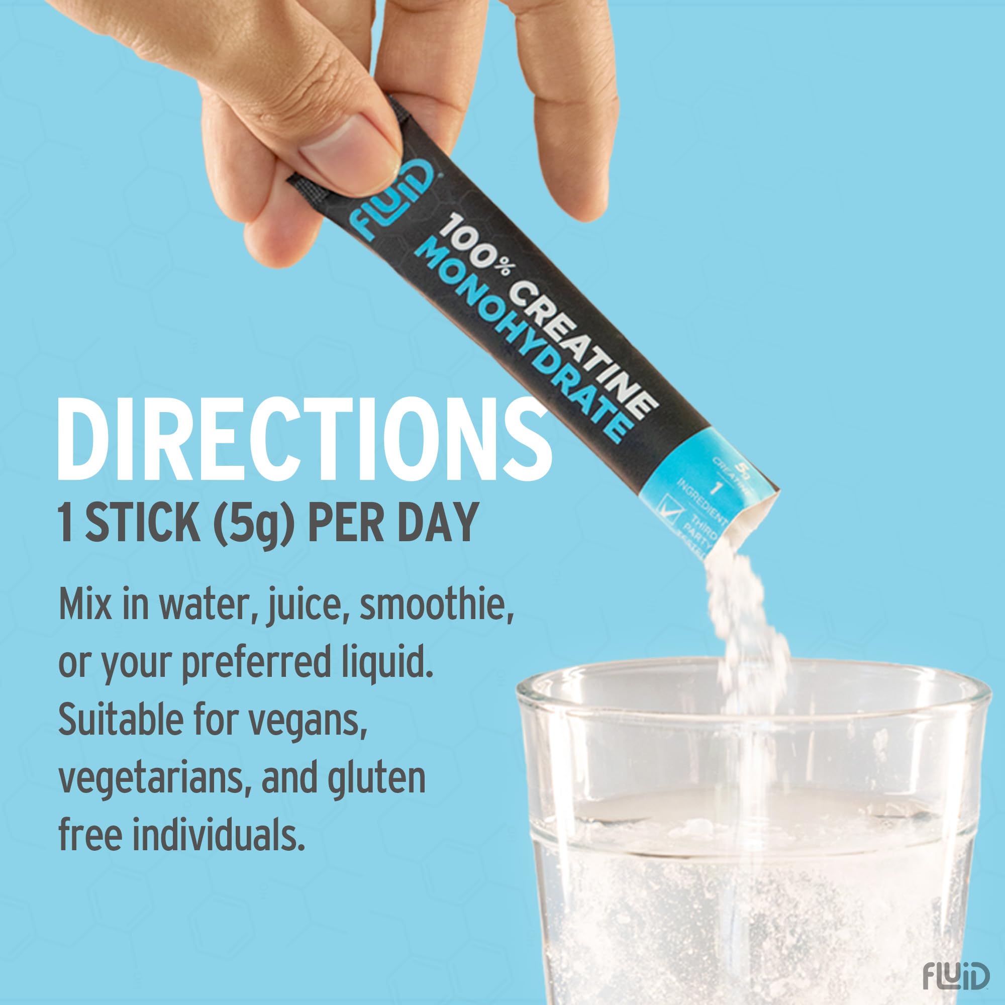 Fluid creatine comparación de tamaño del stick mostrando portabilidad y dosificación